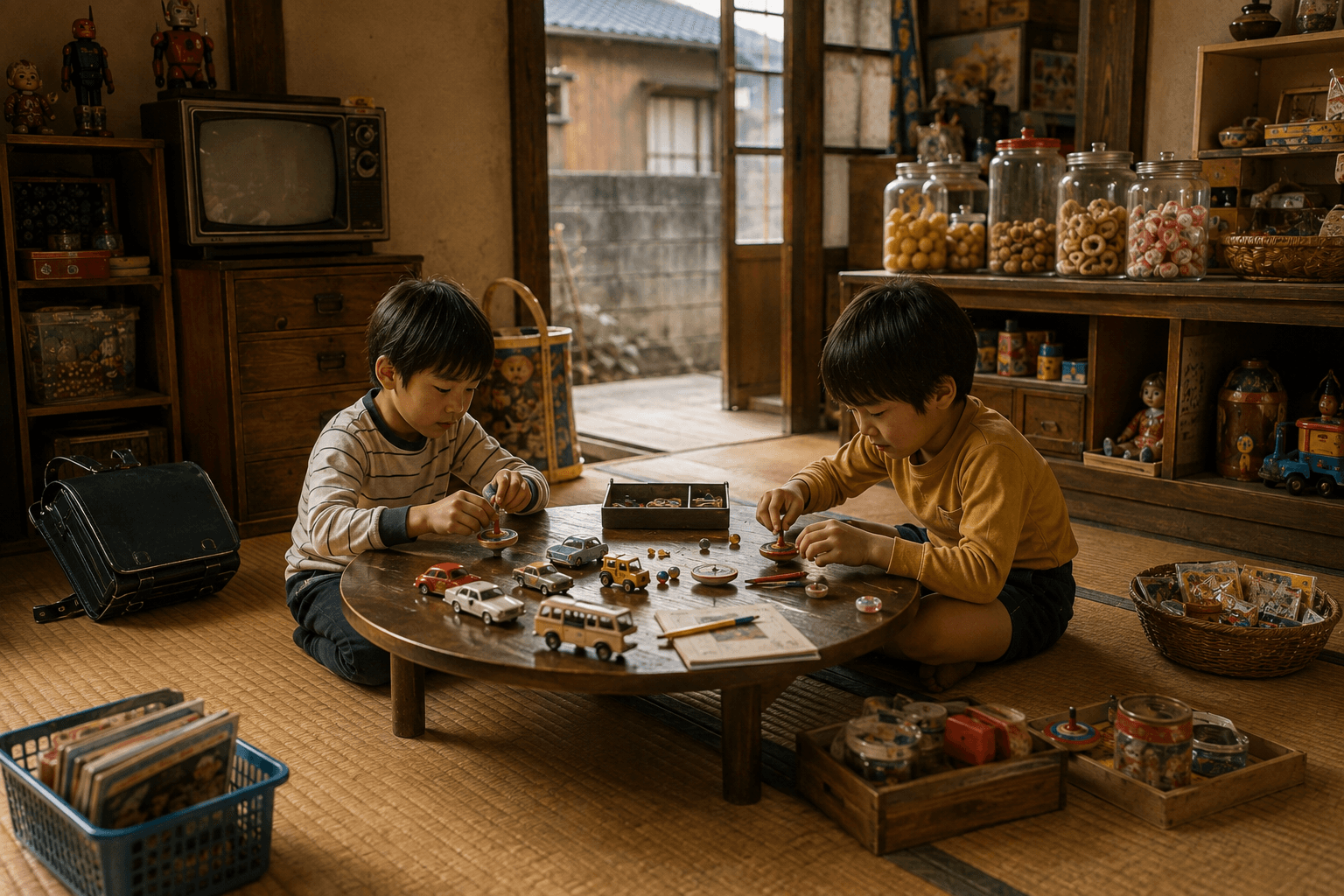 1970年代の日本の和室で、ブラウン管テレビのそばで子どもたちがミニカーやコマなどで遊んでいる生活情景のイメージ画像。特定の商品・ブランドの再現ではありません。