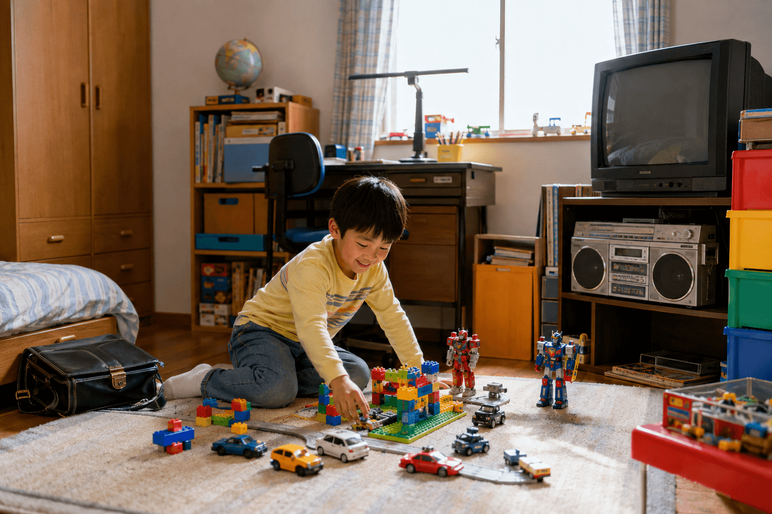 1980年代の日本の子ども部屋で、ブラウン管テレビやラジカセ、学習机、カラフルな玩具に囲まれて子どもが遊んでいる生活情景のイメージ画像。特定の商品・ブランドの再現ではありません。