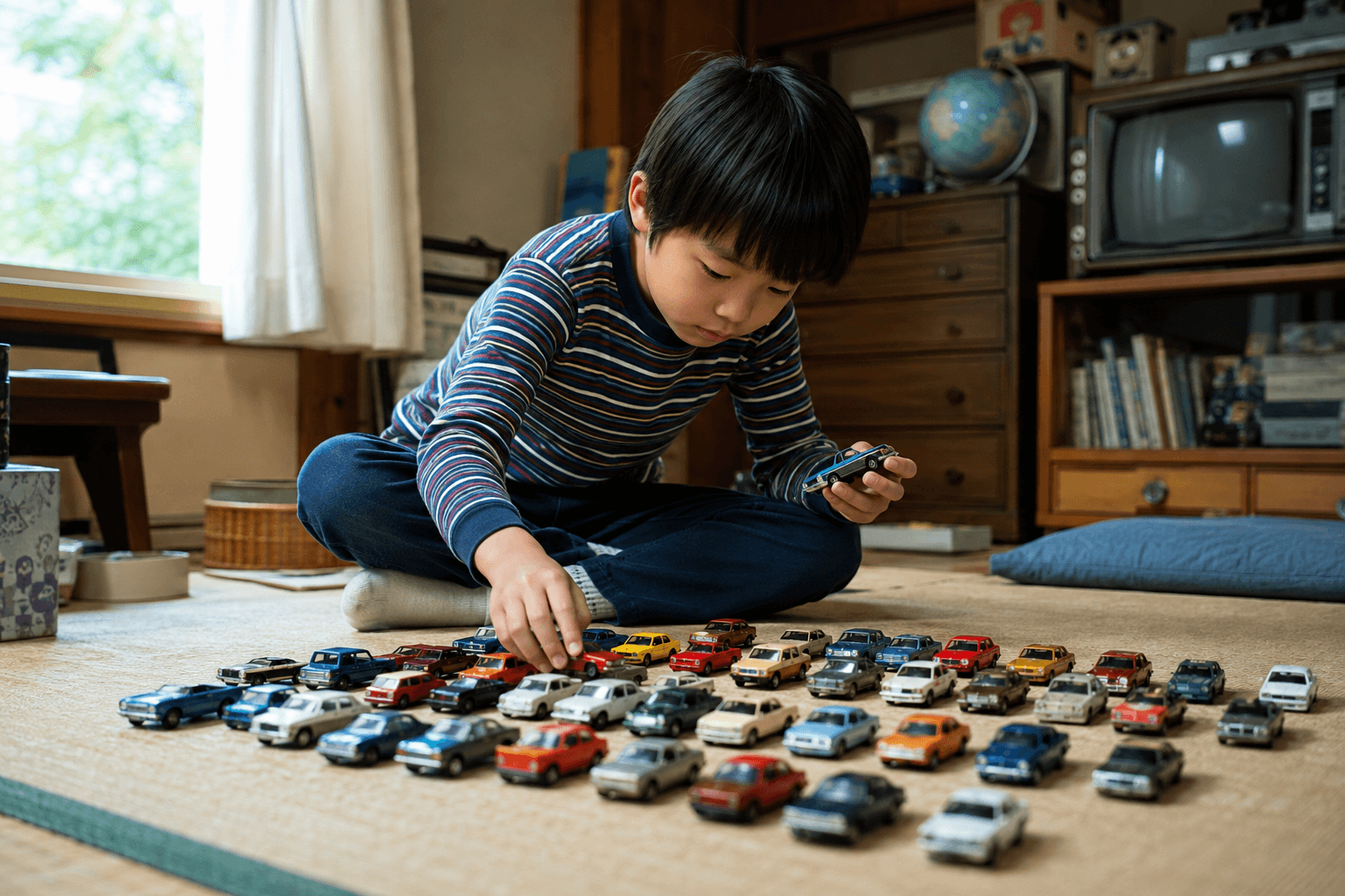 1970年代の日本の子どもが、一般的な小型ミニカーを床に並べて遊んでいるイメージ画像。特定の商品・車種・ブランドの再現ではありません。