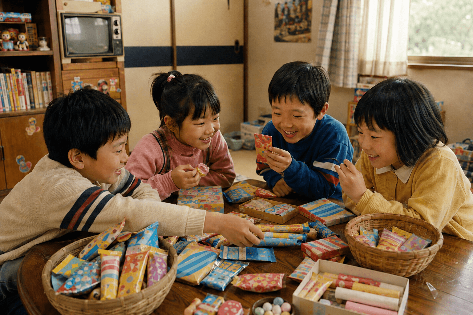 昭和の日本の部屋で、4人の子どもたちが色とりどりのお菓子やおやつを囲んで楽しんでいるイメージ画像。特定の商品・ブランド・パッケージの再現ではありません。