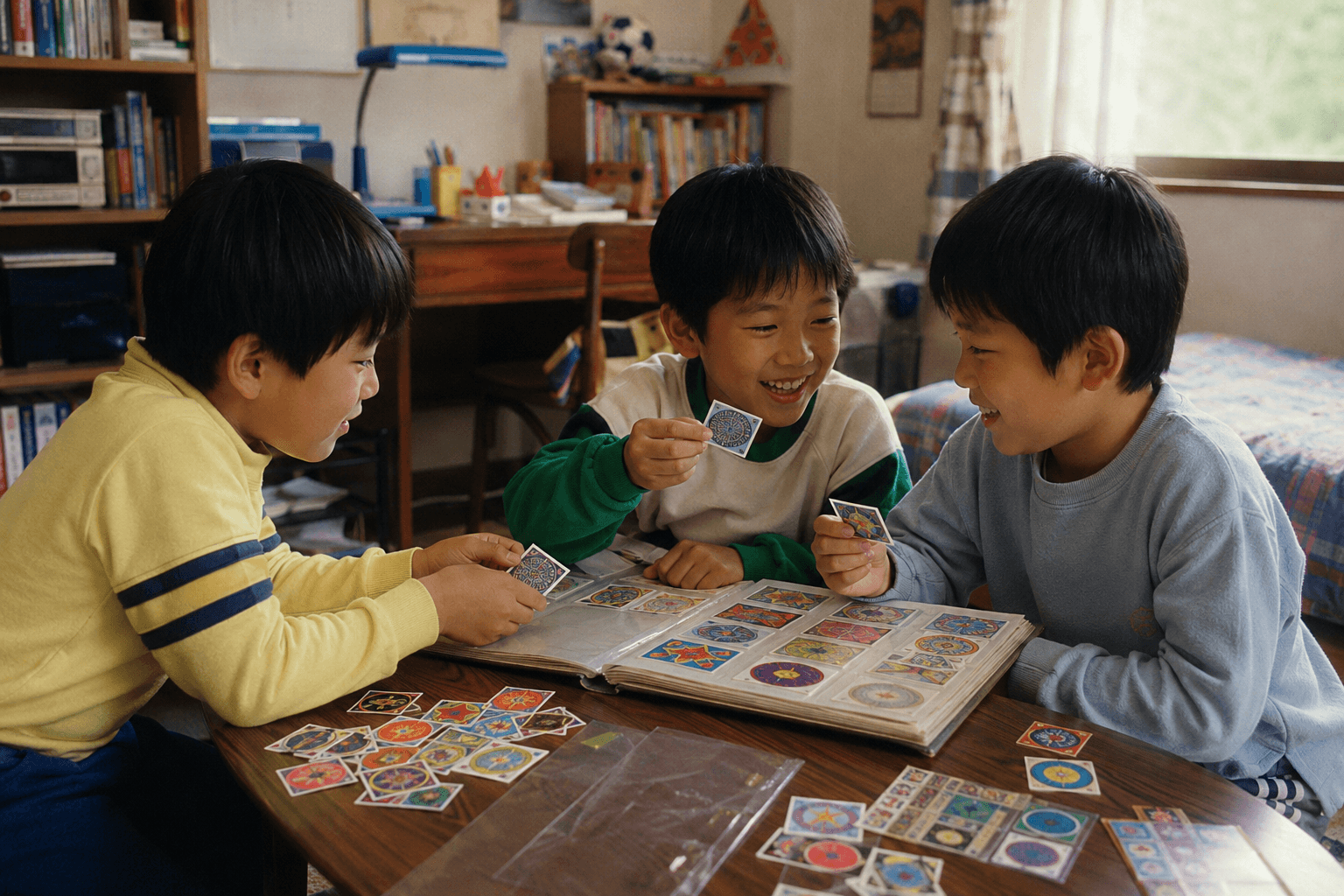 1980年代後半の日本の子どもたちが、一般的な収集シールをアルバムに並べたり見せ合ったりしているイメージ画像。特定の商品・キャラクターの再現ではありません。