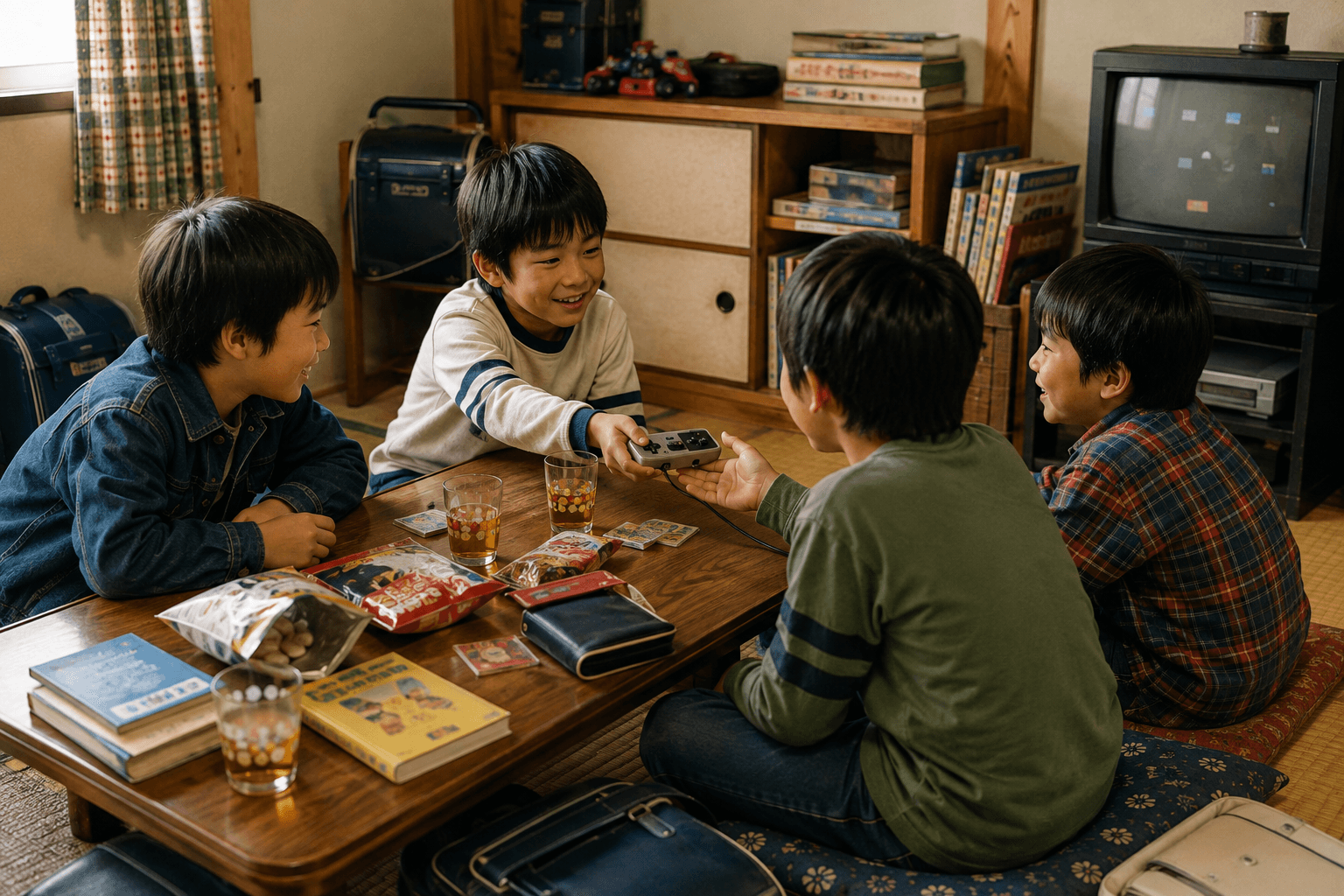 1980年代の日本で、友達の家に集まった子どもたちが一台のテレビゲーム機を囲んで遊んでいるイメージ画像。特定の商品・ブランド・キャラクターの再現ではありません。