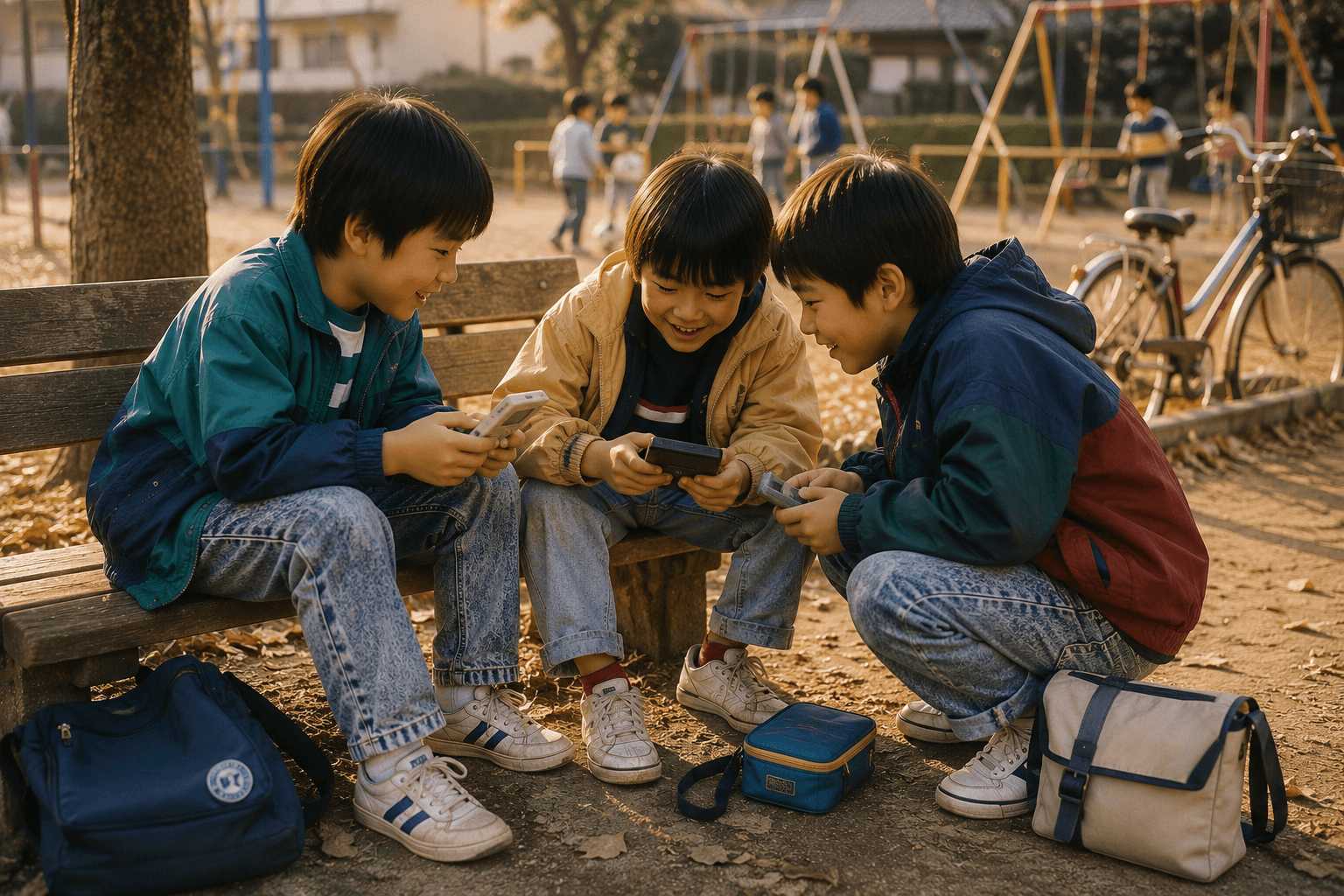 1990年前後の日本で、子どもが電車の座席や公園のベンチで携帯型ゲーム機を持って遊んでいるイメージ画像。特定の商品・ブランドの再現ではありません。