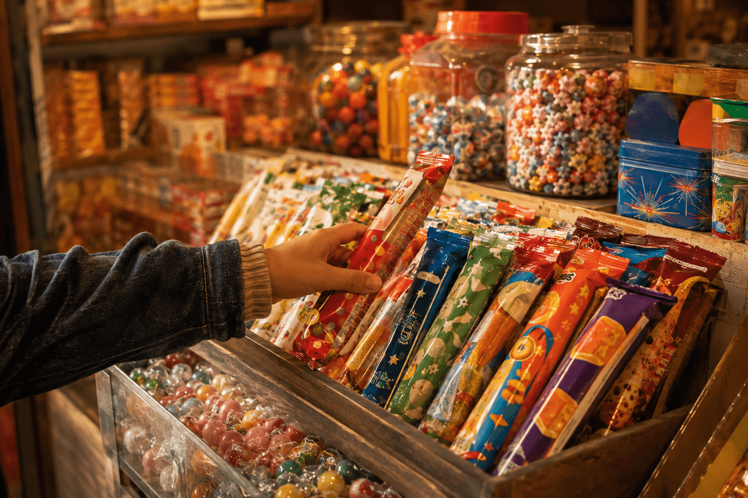 昭和末期の日本の駄菓子屋の店先で、子どもが並んだお菓子の中からスティック状のスナック菓子を選んでいるイメージ画像。特定の商品・ブランドの再現ではありません。