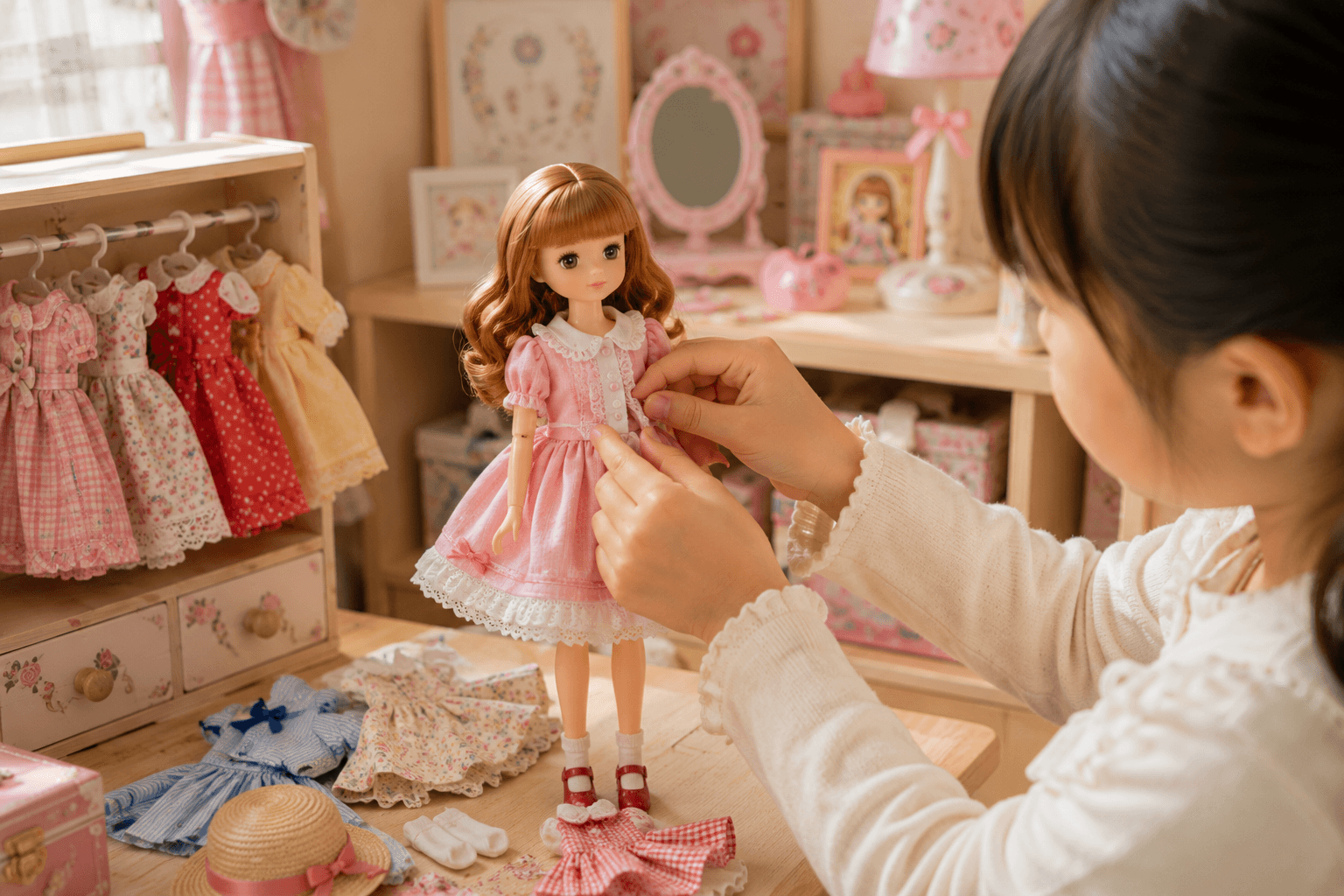 昭和末期の日本の子ども部屋で、女の子が着せ替え人形に洋服を着せて遊んでいるイメージ画像。特定の商品・ブランド・キャラクターの再現ではありません。