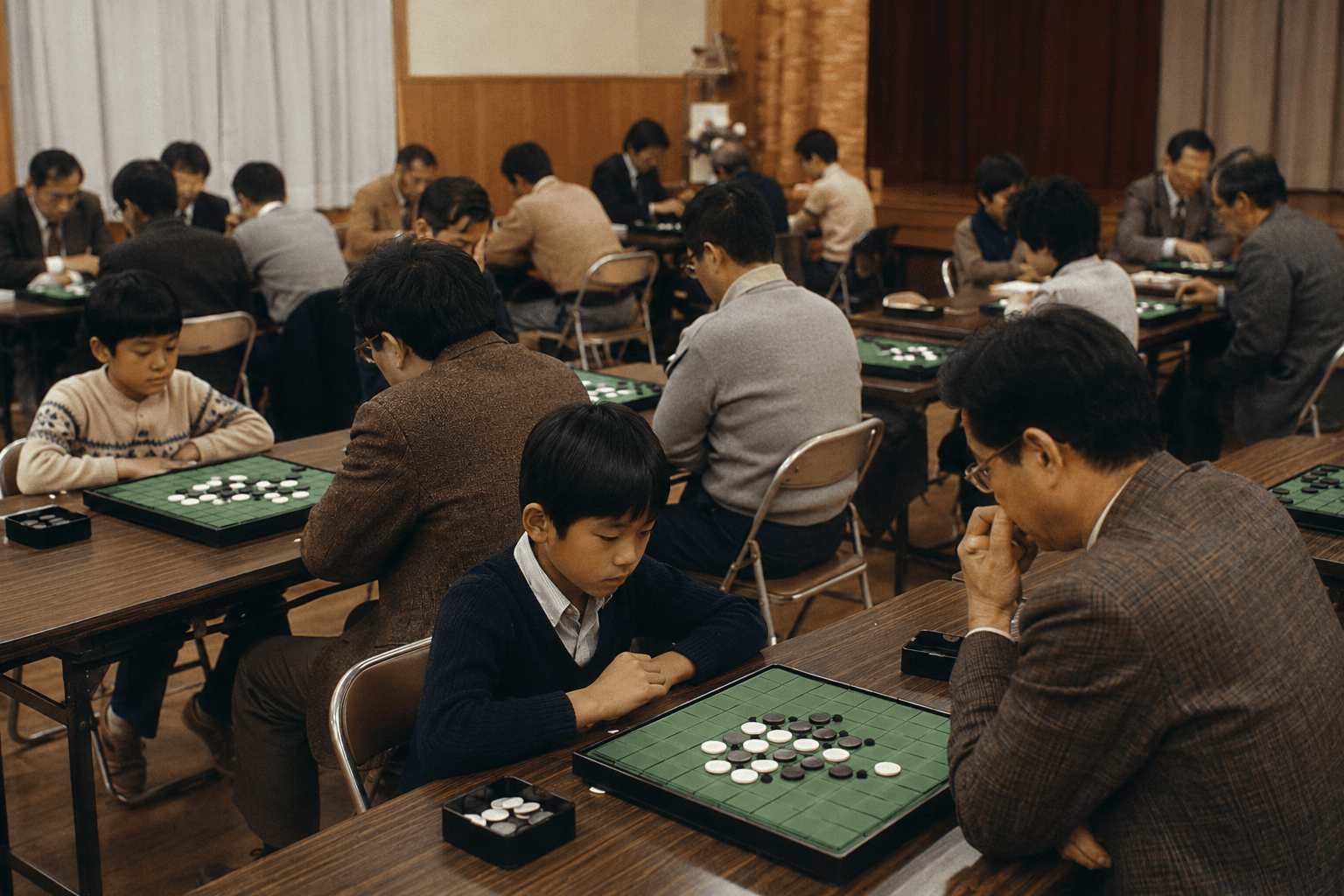 昭和の公民館や大会会場を思わせる部屋で、複数の卓を囲んで白黒の石を使ったボードゲームの対局が行われているイメージ画像。特定の商品・ブランド・大会名の再現ではありません。