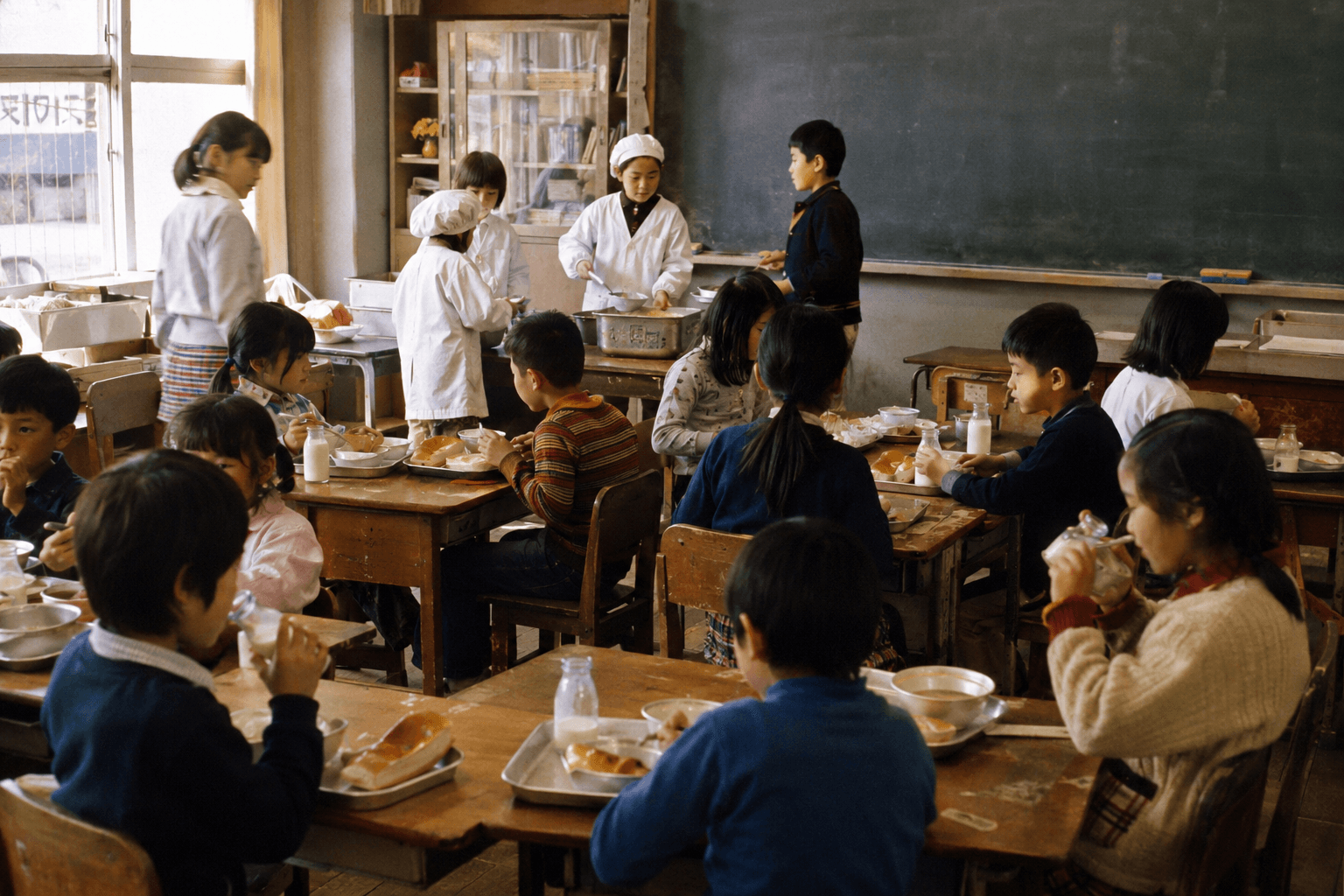 1970年代の日本の小学校の教室で、机を向かい合わせにした給食時間に、子どもたちが配膳をしている生活情景のイメージ画像。実在する特定の献立・学校・食器の再現ではありません。