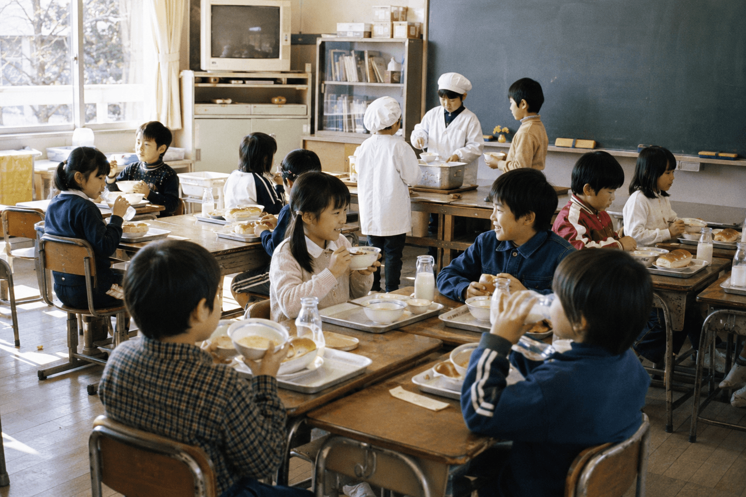 1980年代の日本の小学校の教室で、給食当番の子どもたちがトレーにパンや牛乳を並べて配膳している生活情景のイメージ画像。実在する特定の献立・学校・食器の再現ではありません。
