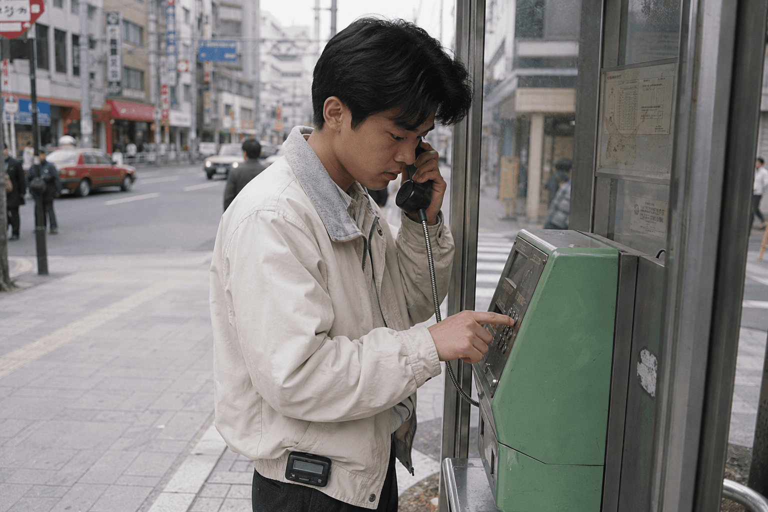 1990年代の日本の公衆電話ボックスで、ポケベルへ数字を送っている人物のイメージ画像。特定のブランド・読み取れる番号の再現ではありません。