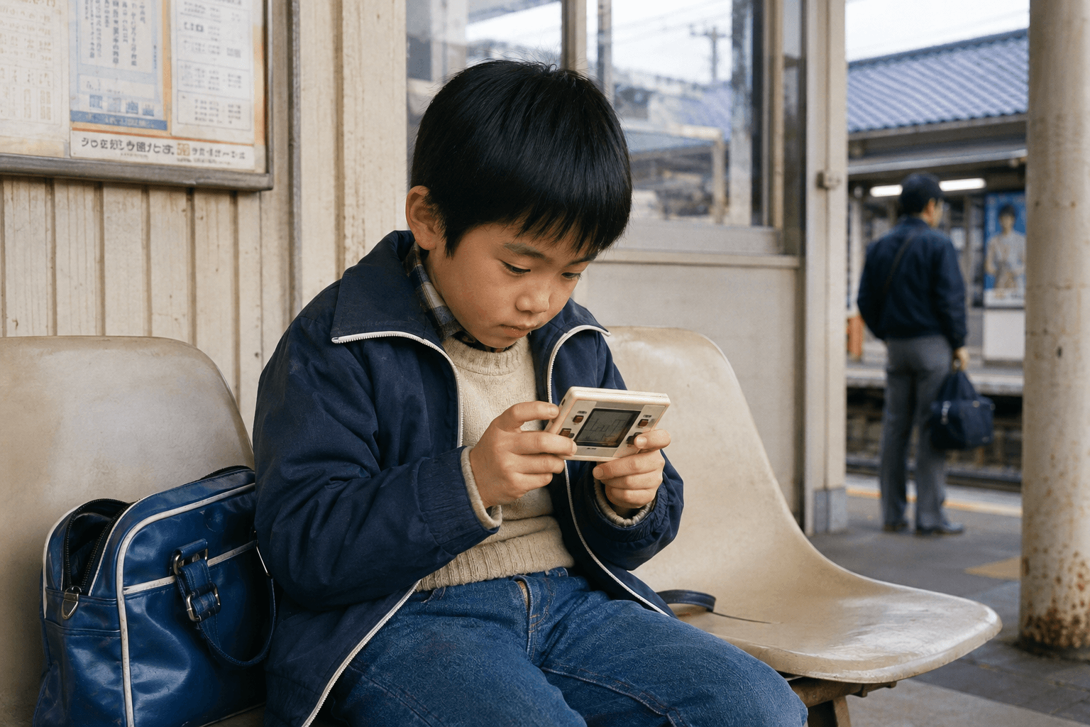 1980年代の日本で、電車を待つ間に小型の携帯型液晶ゲームで遊ぶ人物のイメージ画像。実在するゲーム画面・ロゴの再現ではありません。