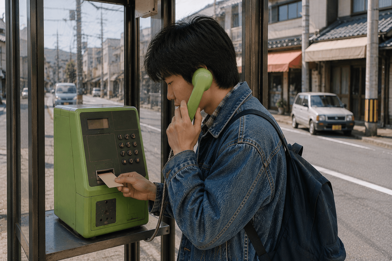 平成初期の日本で、テレホンカードを手に公衆電話をかけている人物のイメージ画像。読み取れるカード文字や企業ロゴの再現ではありません。