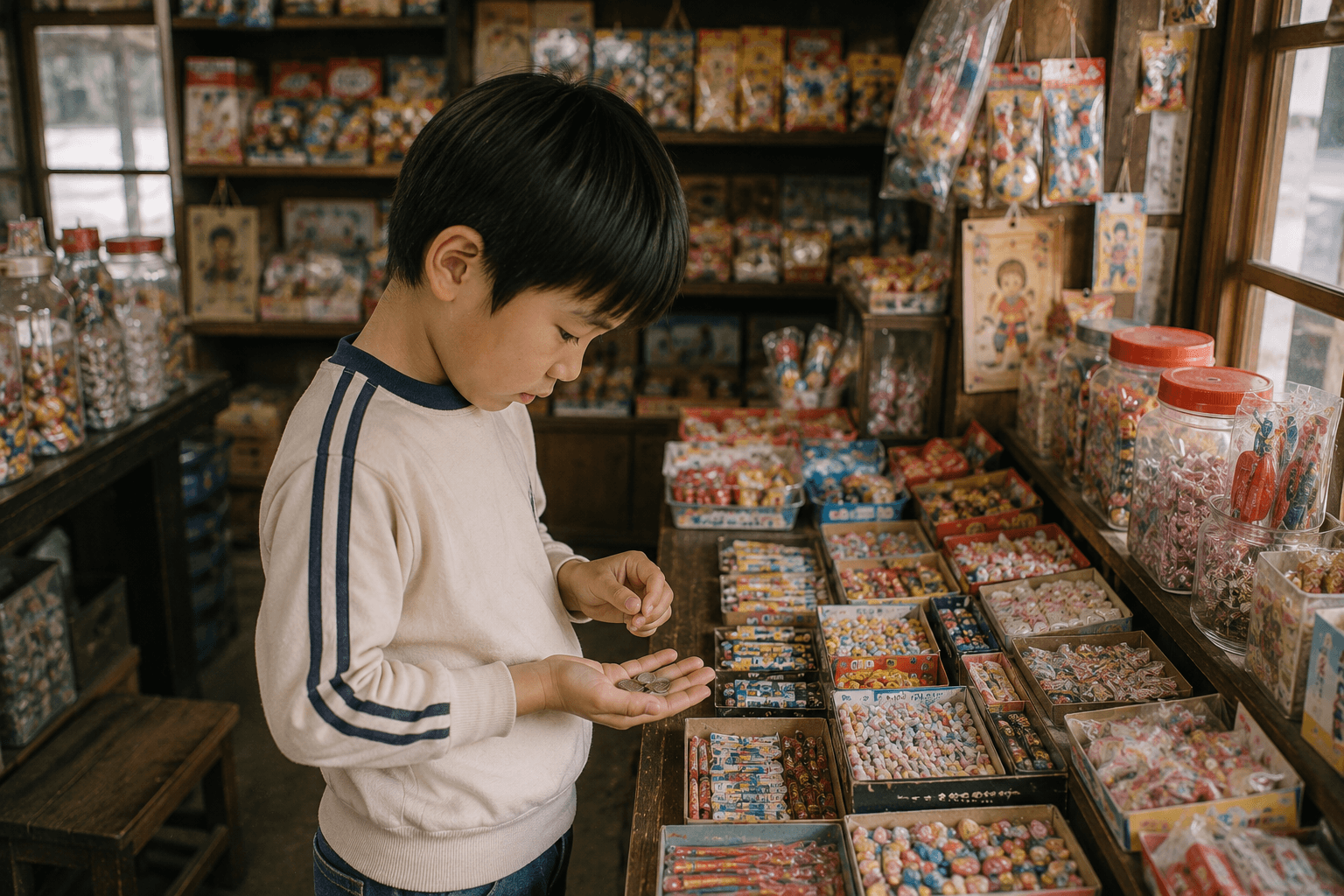 店内の棚を眺めながら、小銭を手にお菓子を選んでいる子どものイメージ画像。実在する商品パッケージの再現ではありません。