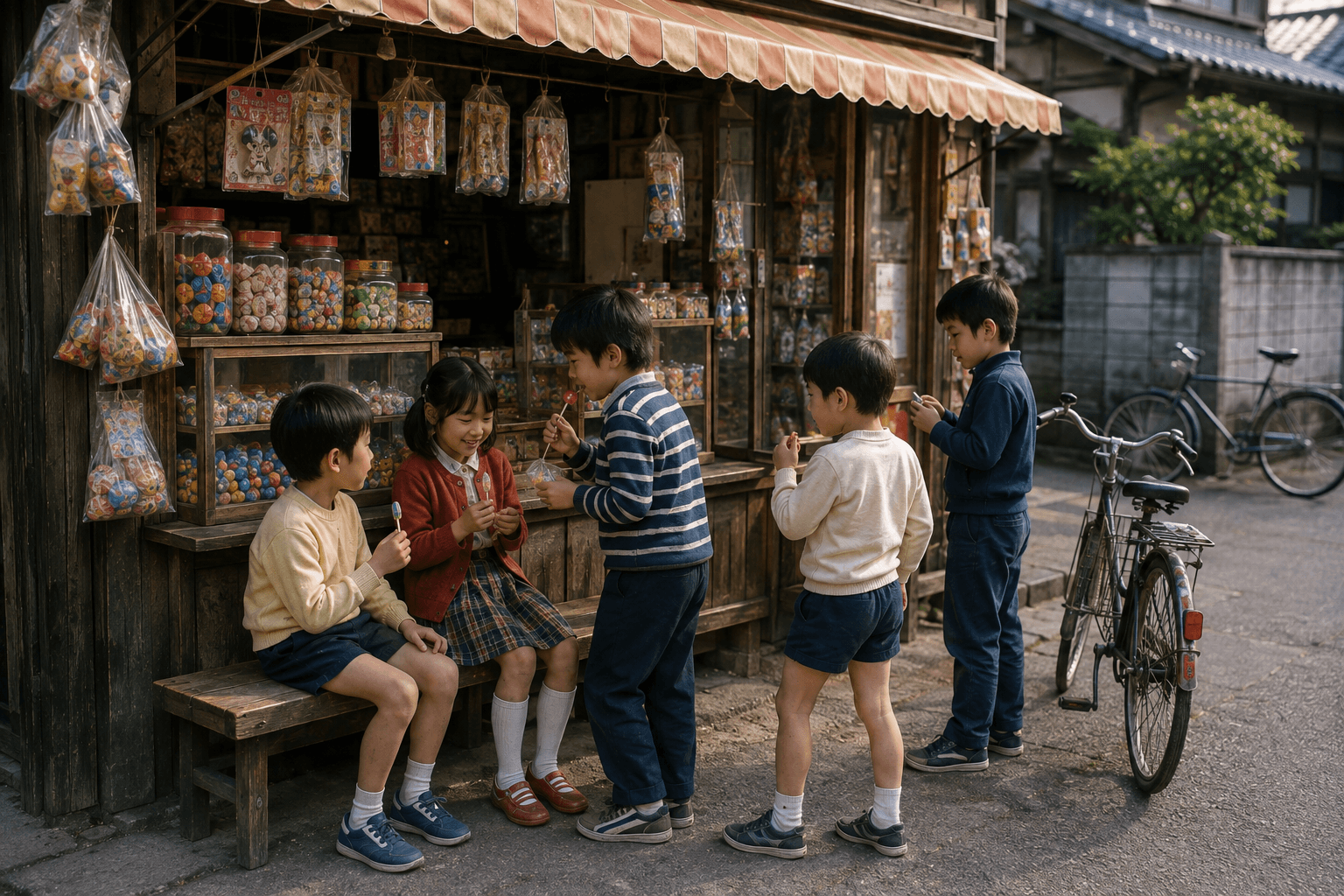 駄菓子屋の店先で、友達とお菓子を食べたり過ごしたりしている子どもたちのイメージ画像。特定の商品・ブランドの再現ではありません。