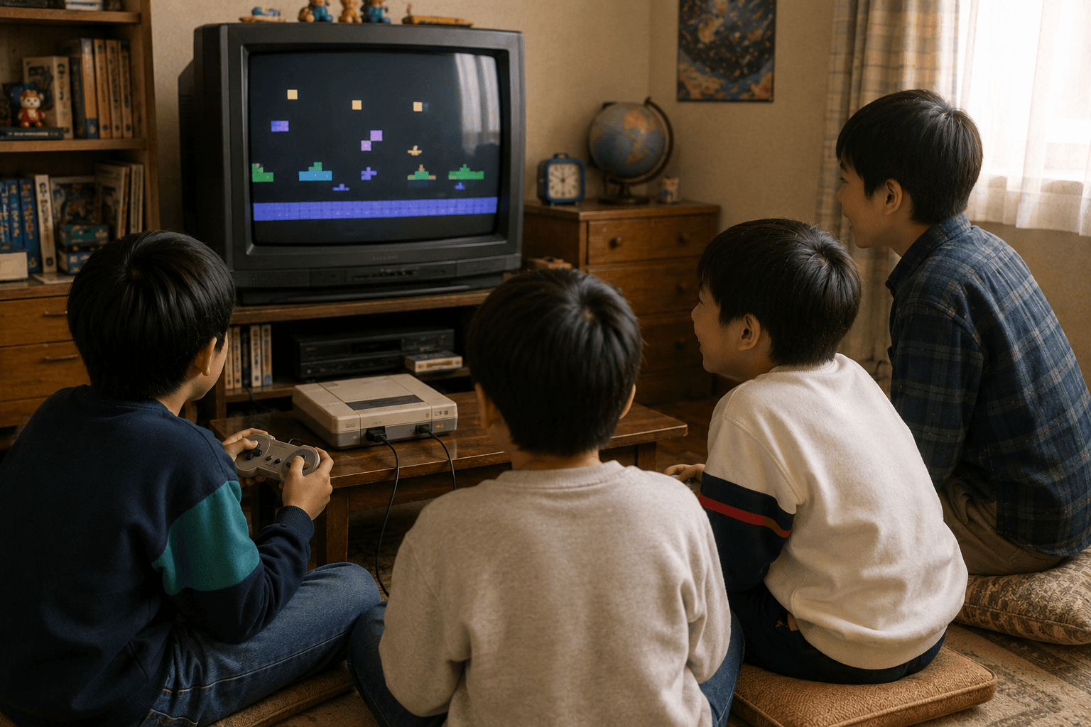 1990年代の日本の家庭で、家族や友達がテレビの前に集まって家庭用ゲーム機で遊んでいるイメージ画像。実在する商品・キャラクターの再現ではありません。
