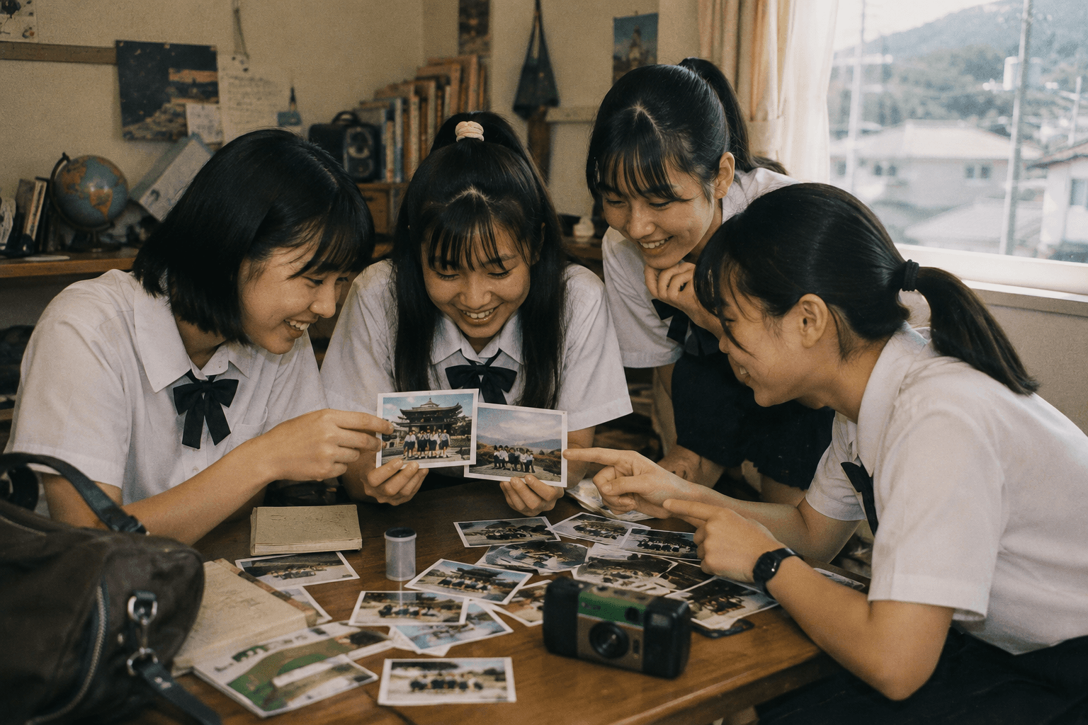 旅行や学校行事の場面で、友達同士が簡易カメラで写真を撮り合っているイメージ画像。実在する商品・ロゴ・パッケージの再現ではありません。