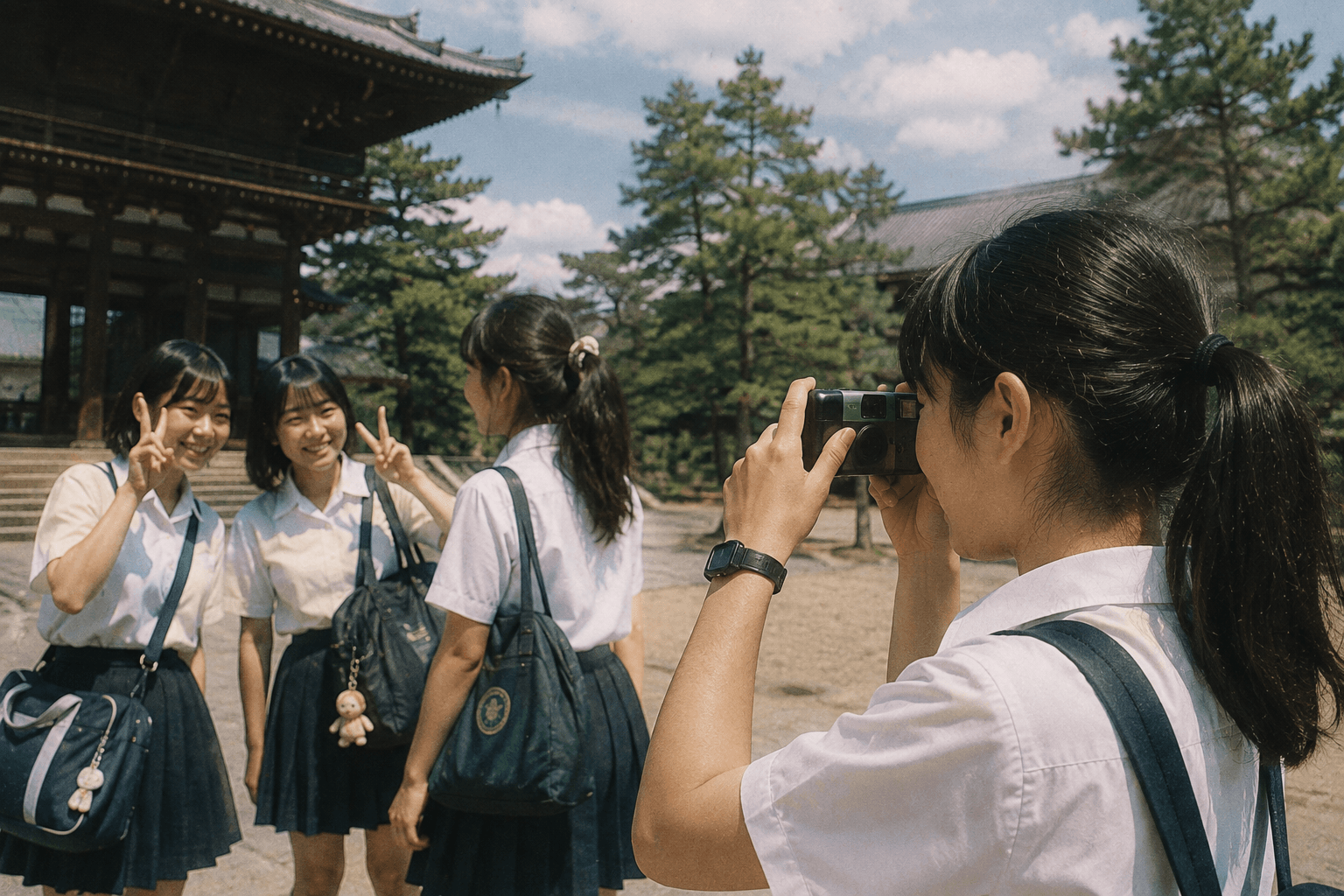 1980年代後半から1990年代の日本で、旅行や遠足の場面で一般化された簡易カメラを使って写真を撮る若者のイメージ画像(実在する商品・ロゴ・パッケージの再現ではありません)