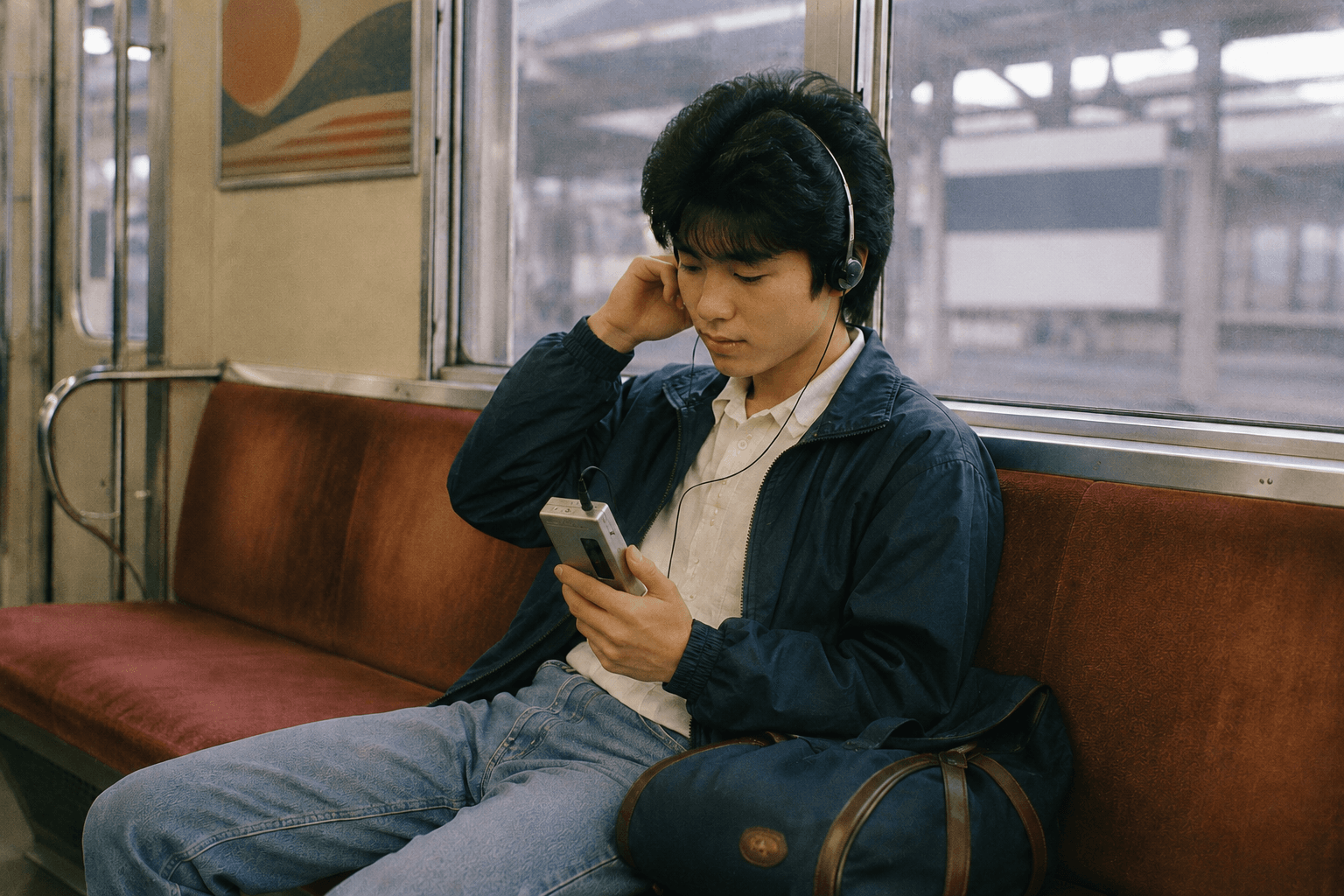 1980年代の日本の電車内や公園で、一人でヘッドホンをして音楽を楽しんでいる若者のイメージ画像。実在する商品・ロゴの再現ではありません。