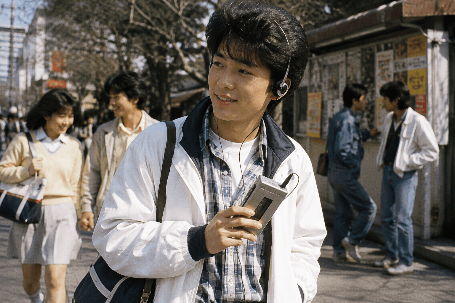 1979年から1980年代初頭の日本で、若者がヘッドホンをして小型カセットプレーヤーを持ち歩いている情景のイメージ画像(実在するTPS-L2・SONYロゴの再現ではありません)