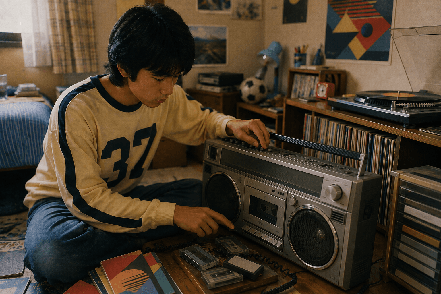 1970年代から1980年代の日本で、友達同士がラジカセを囲んでカセットテープに録音したり音楽を楽しんだりしているイメージ画像。実在するメーカー・ロゴ・実機の再現ではありません。