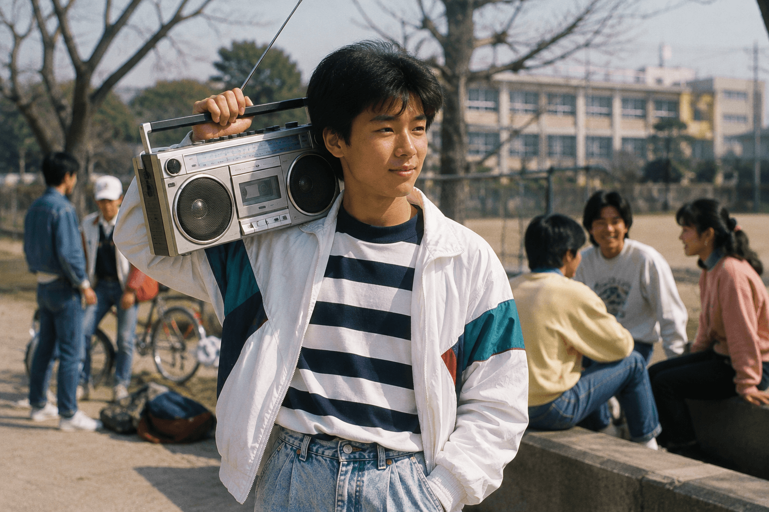 1970年代から1980年代の日本の屋外で、大型のラジオカセットレコーダーを持ち歩く若者のイメージ画像(実在するメーカー・ロゴ・実機の再現ではありません)