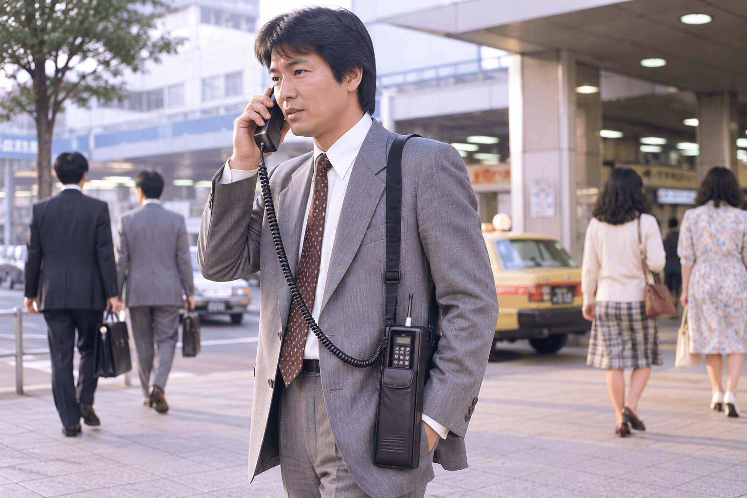 小型化した肩掛け通信機器で通話する1980年代後半のビジネスマン