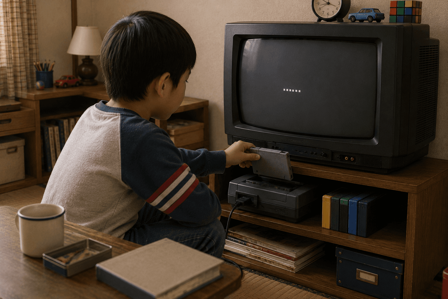 家庭用ゲーム機にカートリッジを差し込む子ども