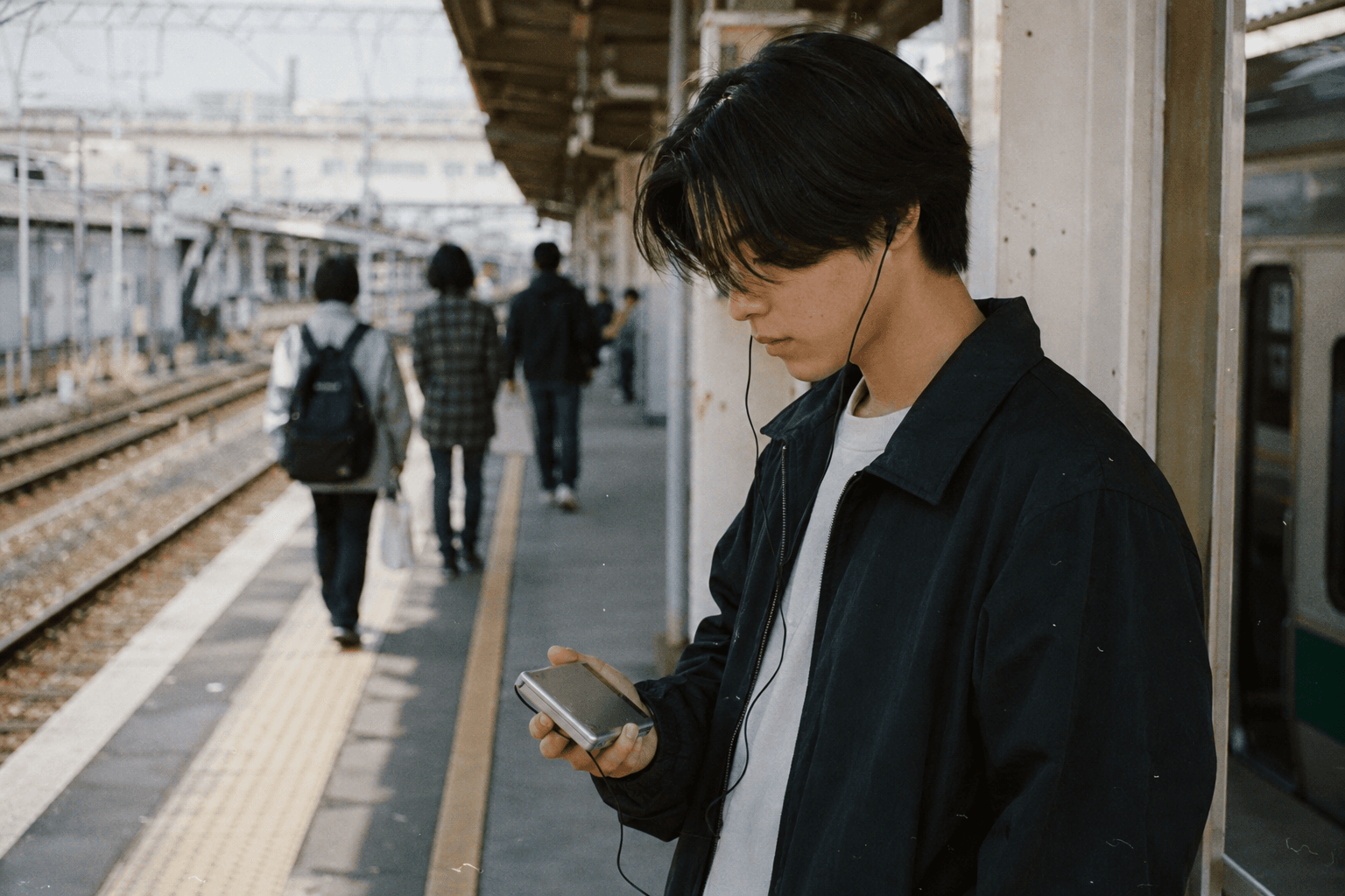 駅のホームで携帯型音楽プレーヤーを聴く1990年代の若者