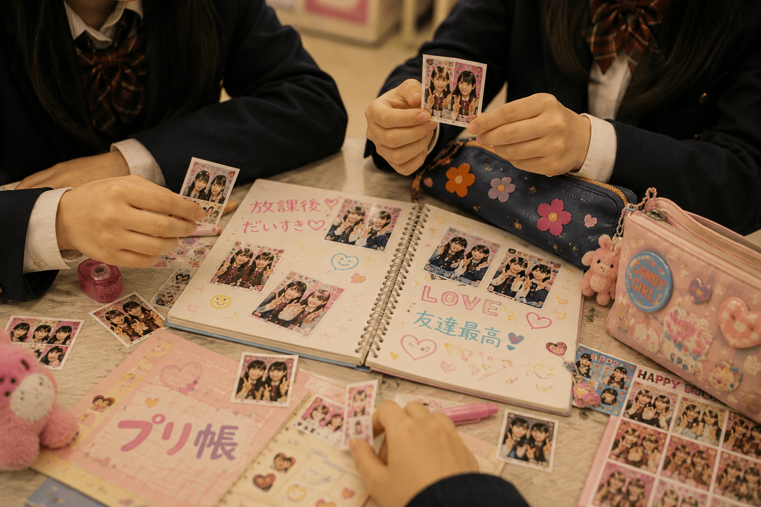 1990年代後半の日本のゲームセンターで、女子高生が撮影したシール写真を手帳に貼っているイメージ画像。特定の商品・ブランド・画面デザインの再現ではありません。