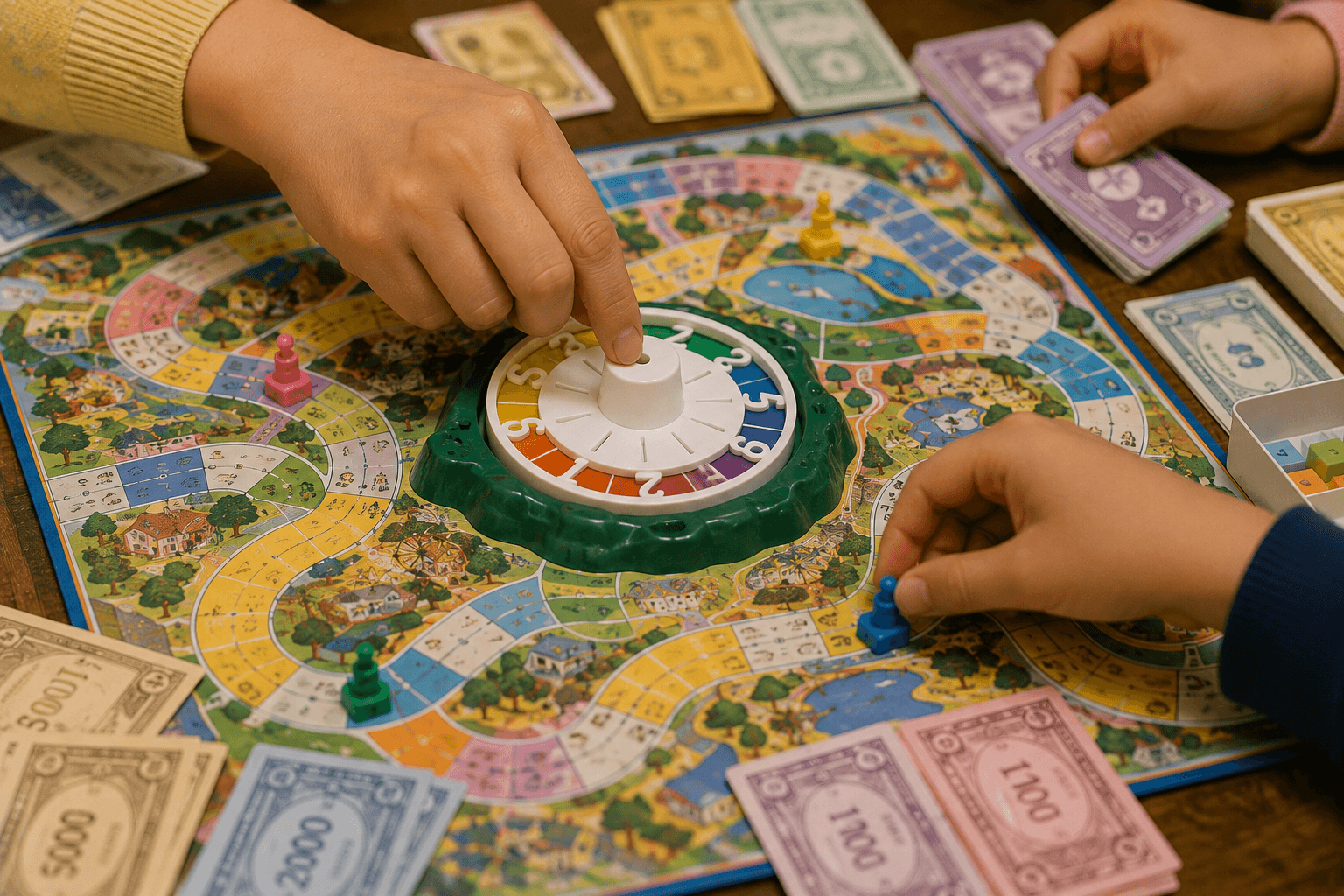 昭和後期の日本の居間で、家族がボードゲームのコマとルーレットを囲んでいるイメージ画像。特定の商品・盤面デザインの再現ではありません。