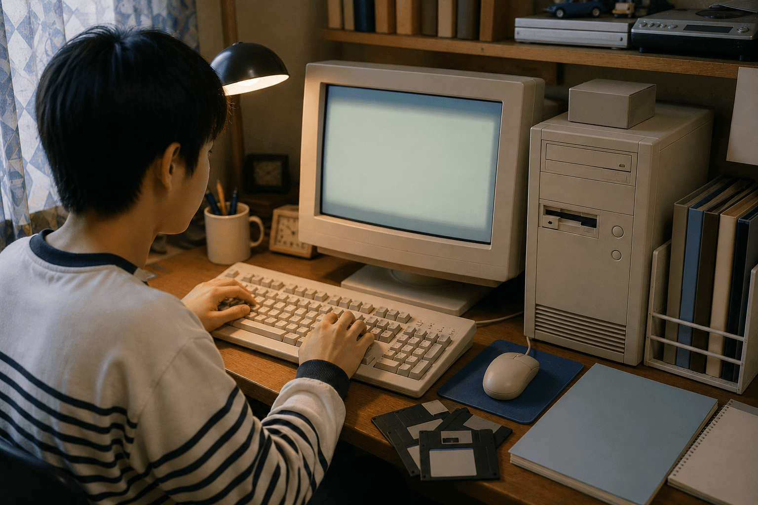 1995年の日本のパソコンショップの店頭で、深夜に多くの人がレジ前に並んでいるイメージ画像。特定の商品・ロゴ・画面デザインの再現ではありません。