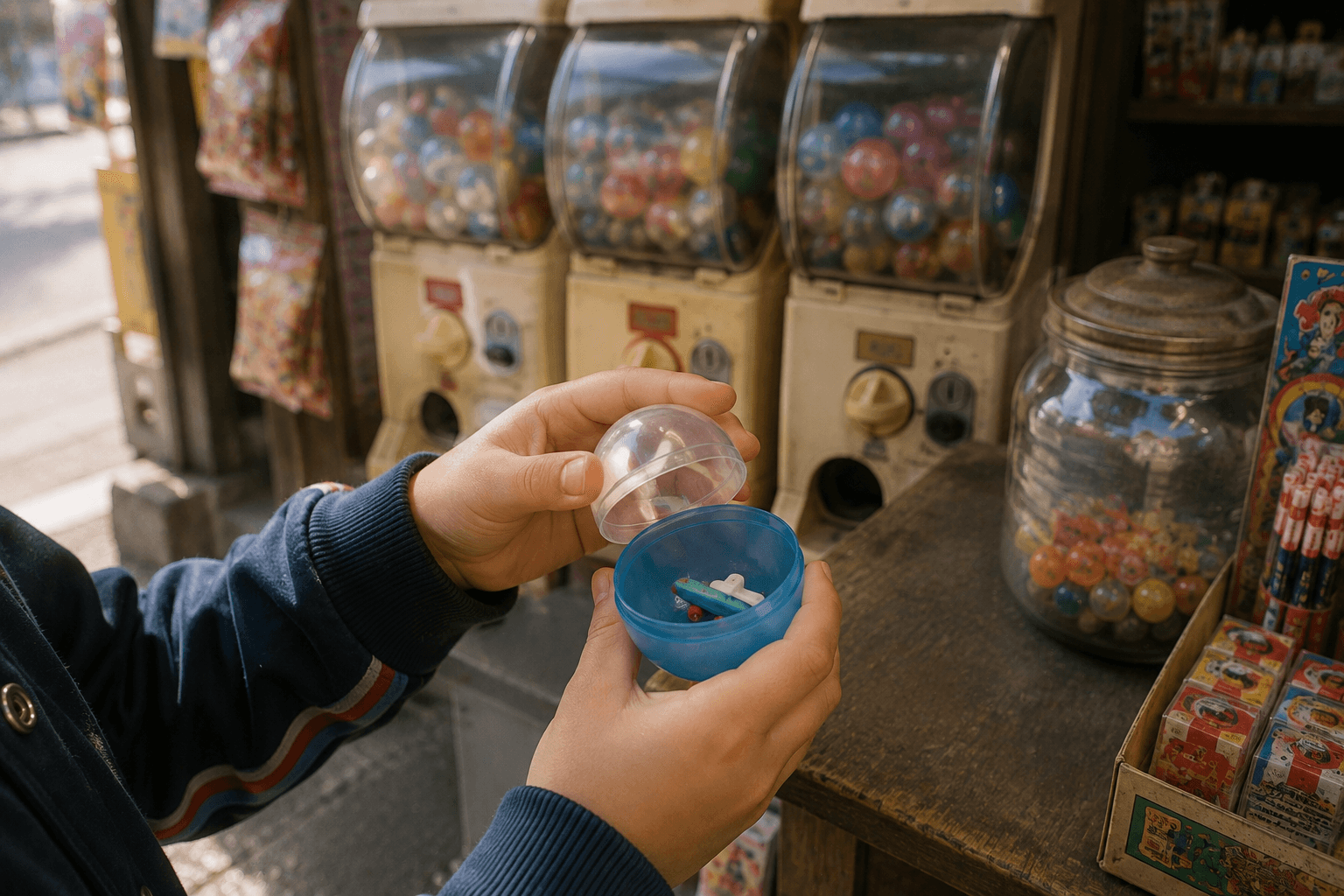 1970年代の日本の駄菓子屋の軒先で、複数のカプセルトイ自動販売機が並んでいるイメージ画像。特定の商品・ブランド・ロゴの再現ではありません。