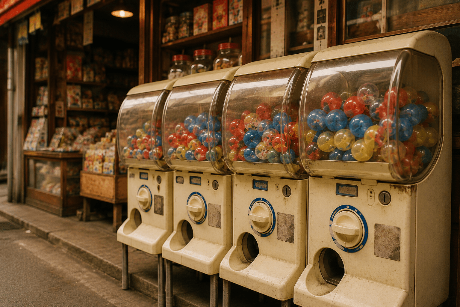 昭和の駄菓子屋の軒先で、子どもがカプセルトイの自動販売機のハンドルを回している情景のイメージ画像(特定の商品・ブランド・ロゴの再現ではありません)