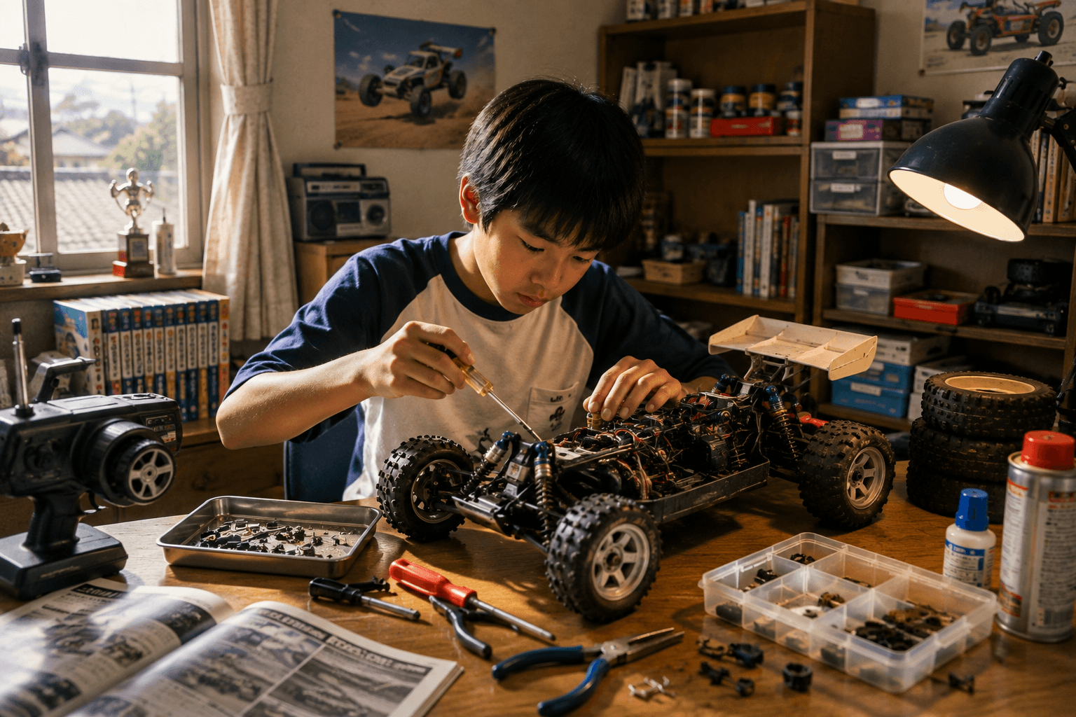 1980年代の子ども部屋で、少年が机の上の電動RCバギーを工具で整備している情景のイメージ画像(特定の商品・車体デザイン・ロゴの再現ではありません)