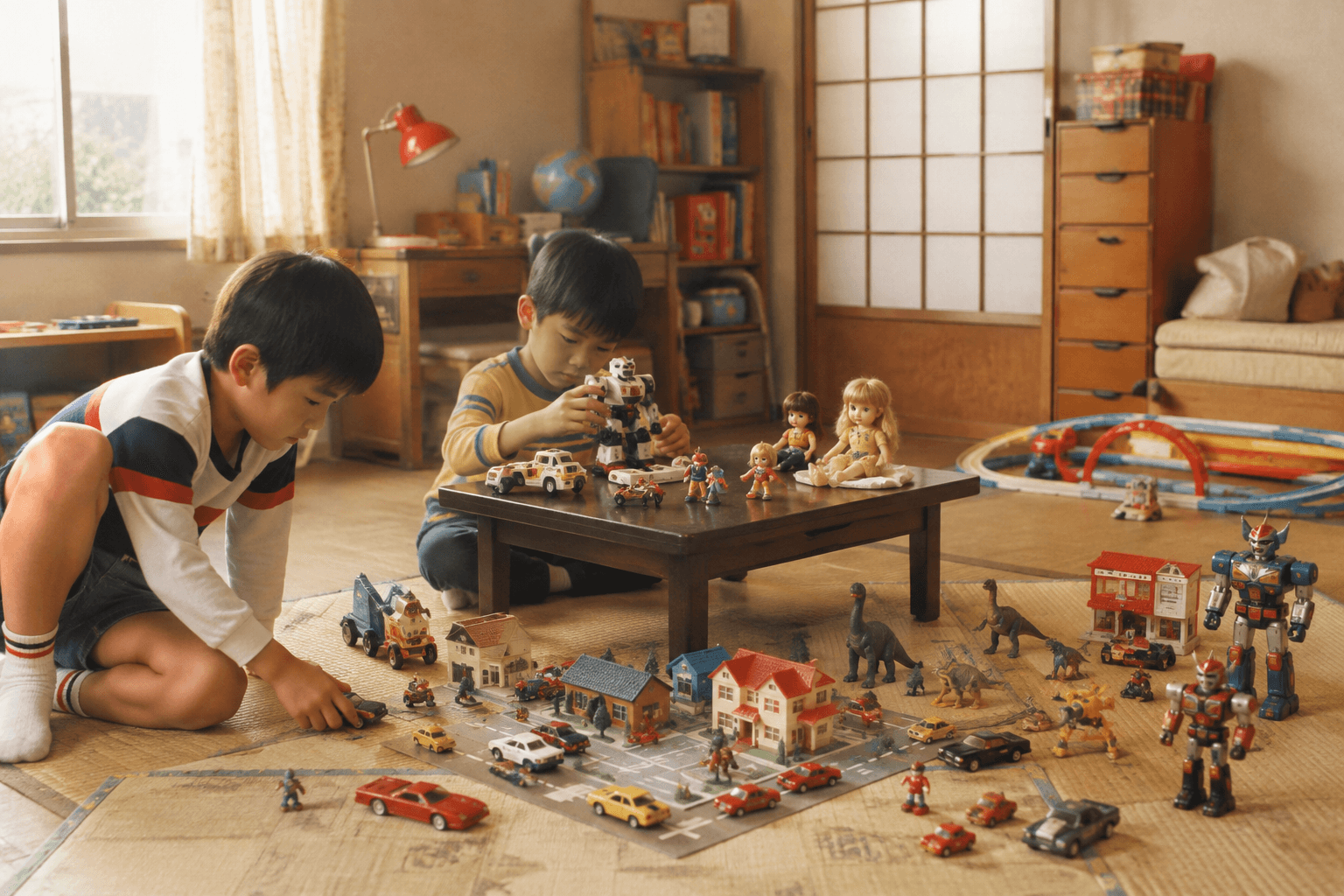 昭和後期の子ども部屋で、ミニカーや人形、ロボット玩具などで遊ぶ子どもたちの情景のイメージ画像(特定の商品・ブランドの再現ではありません)