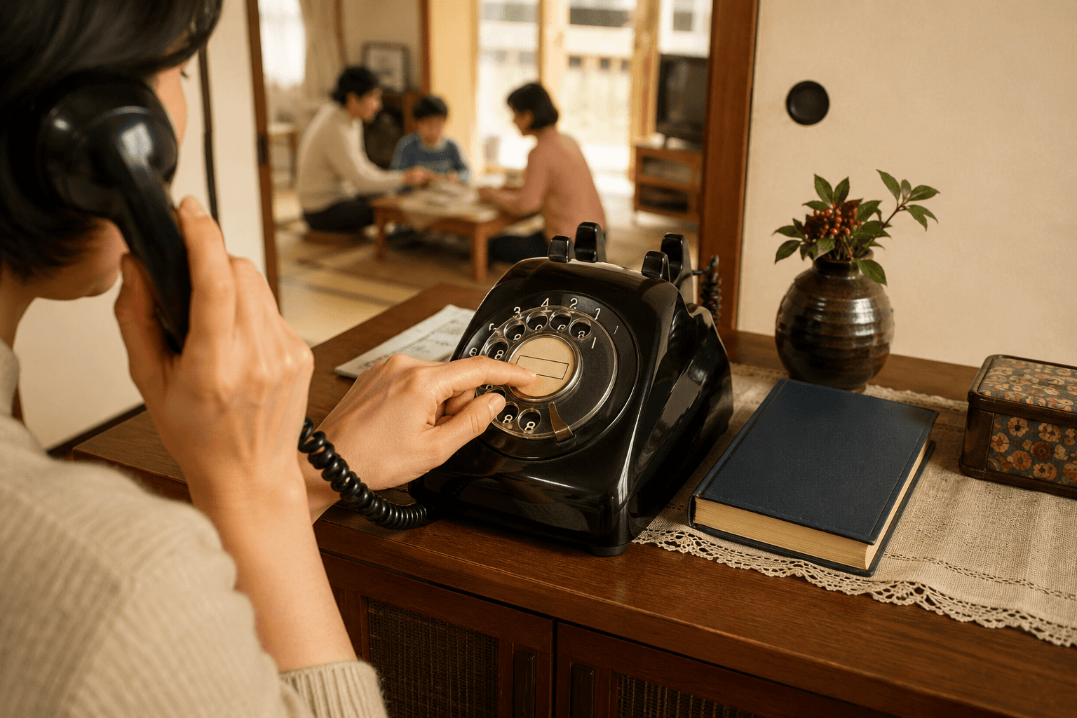 昭和の家庭の玄関先で、子どもが黒いダイヤル式電話機のダイヤルを回している情景のイメージ画像(特定のメーカー・型番の再現ではありません)