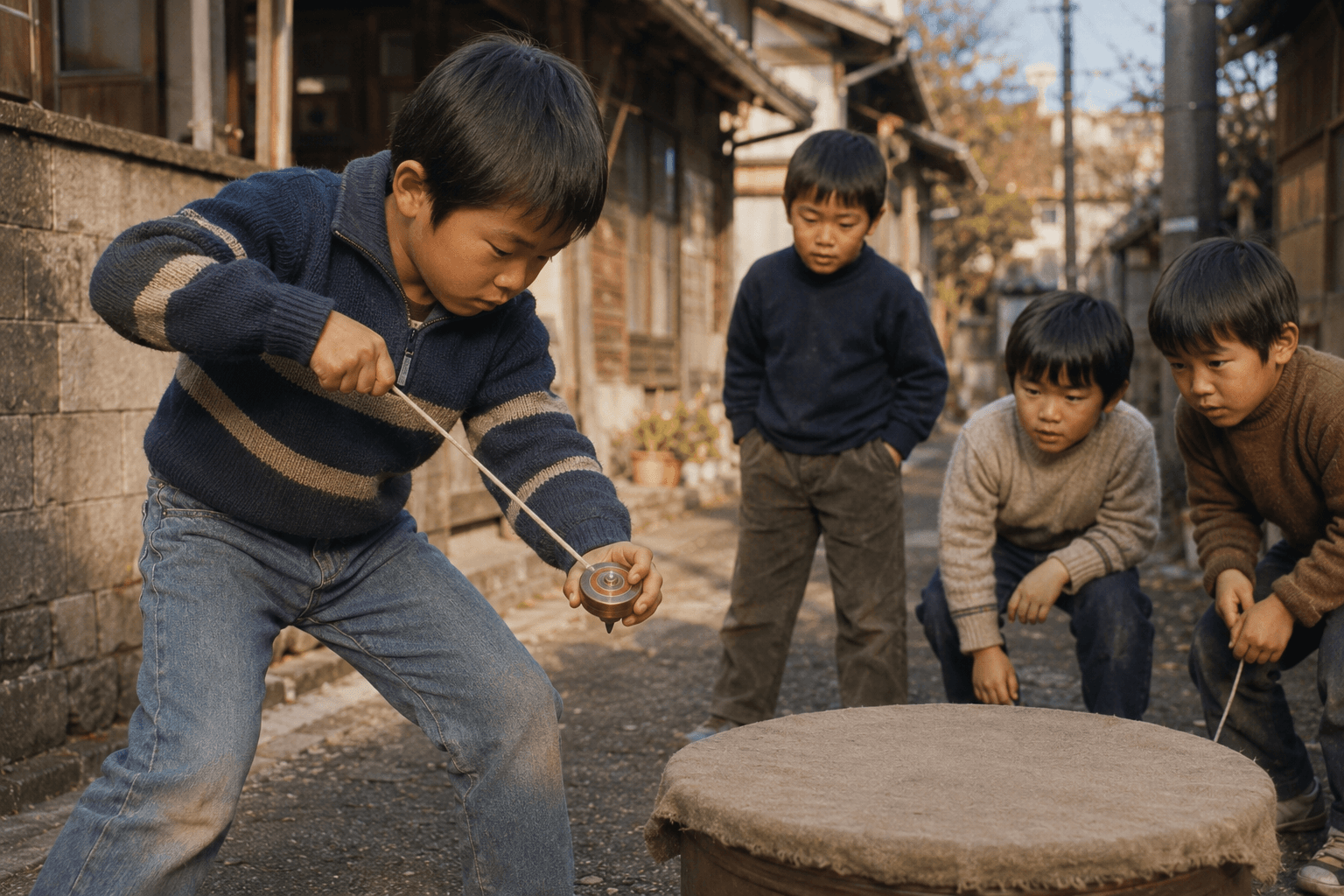 昭和の子どもが紐を巻いたベーゴマを手に、樽の上の土俵に投げ入れようとしている情景のイメージ画像(特定の商品・意匠の再現ではありません)