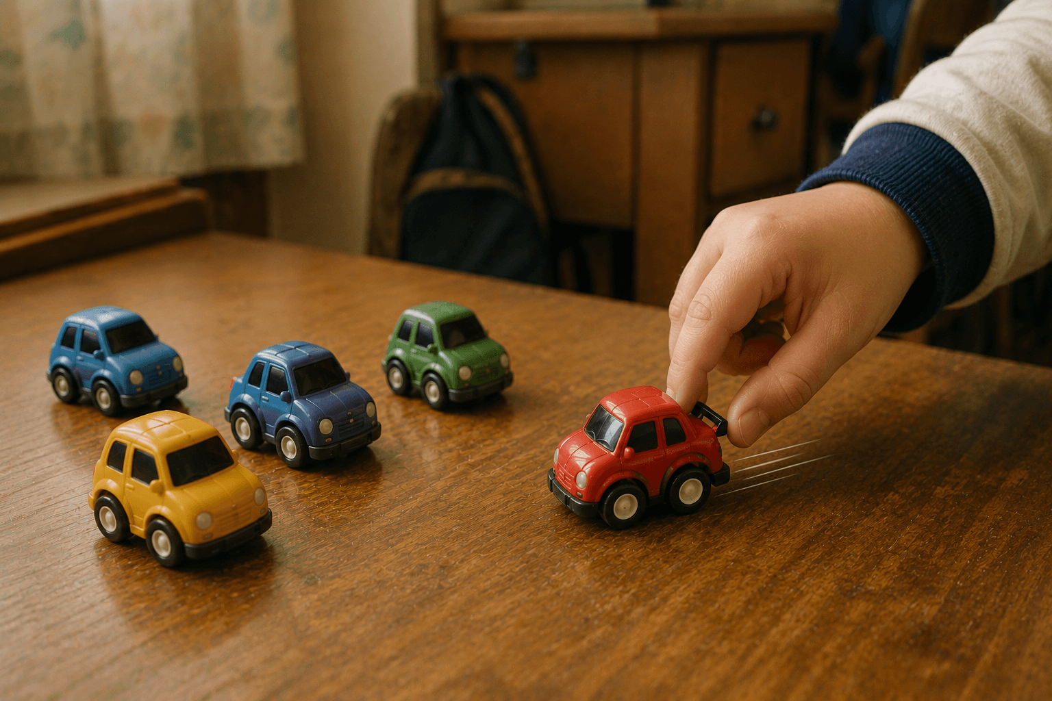 1980年代の子どもが、デフォルメされた小さな車のおもちゃを後ろに引いている情景のイメージ画像(特定の車種・ブランドの再現ではありません)