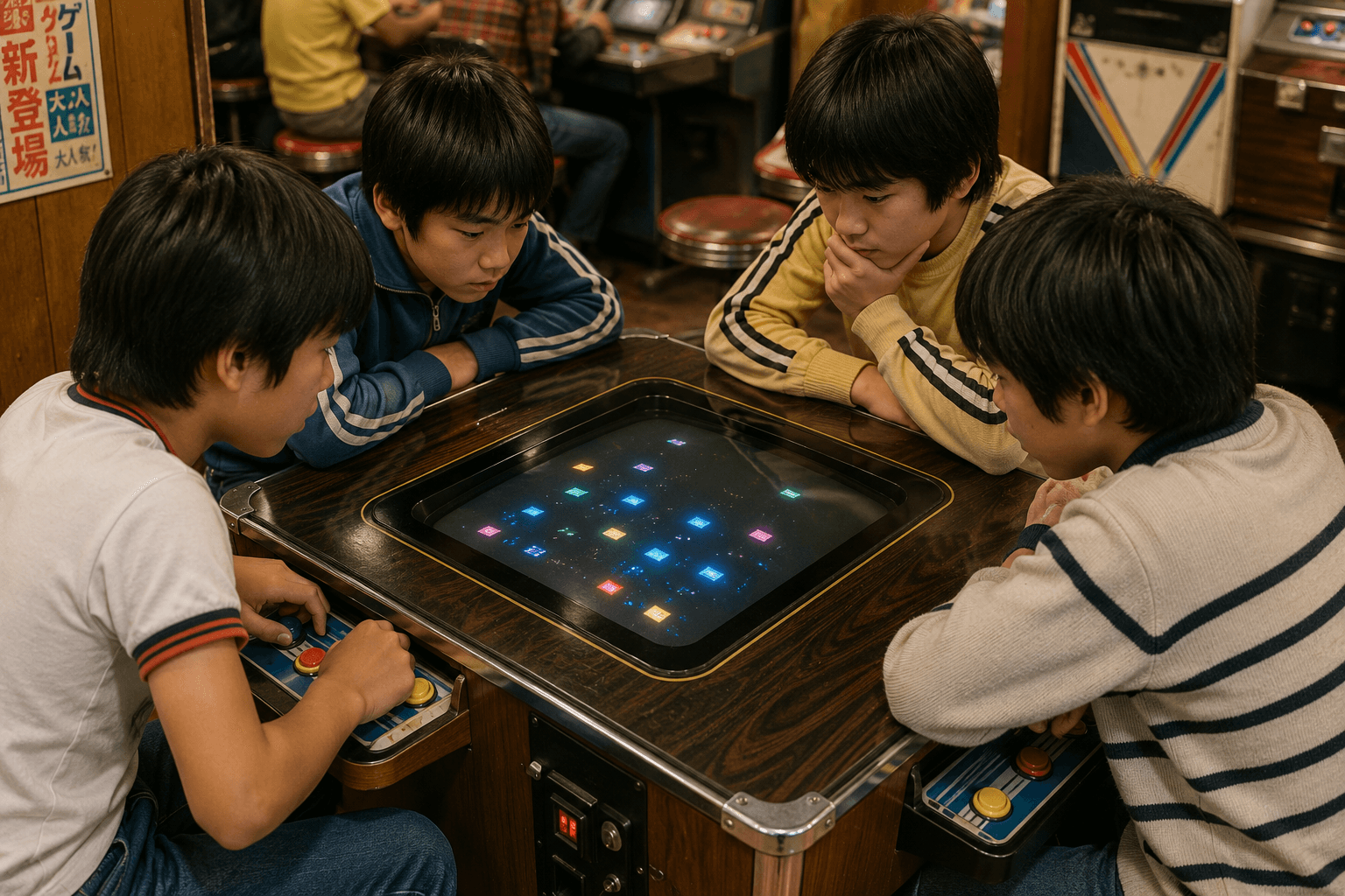1978年ごろのゲームセンターで、子どもたちがテーブル型の筐体を囲んで遊んでいる情景のイメージ画像(特定のゲーム画面・筐体デザインの再現ではありません)