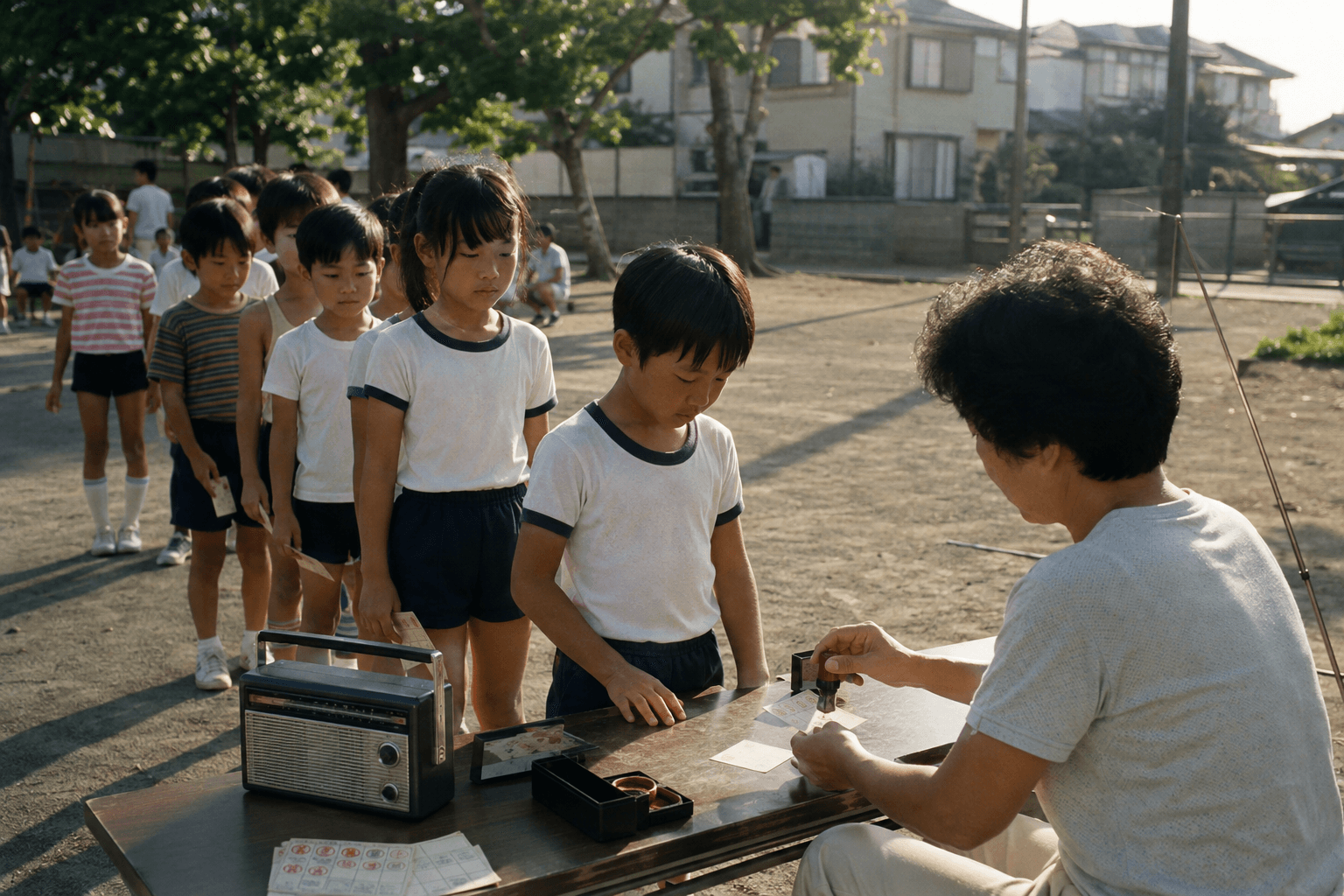 夏休みの朝、子どもたちがカードにスタンプを押してもらっている情景のイメージ画像(特定の団体・スタンプデザインの再現ではありません)
