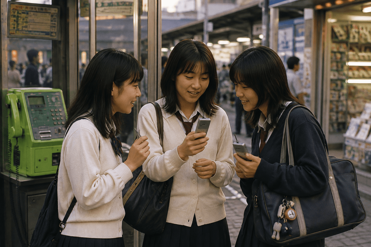 1990年代の街中で、若者がアンテナ付きの小型携帯端末を手に会話している情景のイメージ画像(特定のメーカー・機種の再現ではありません)