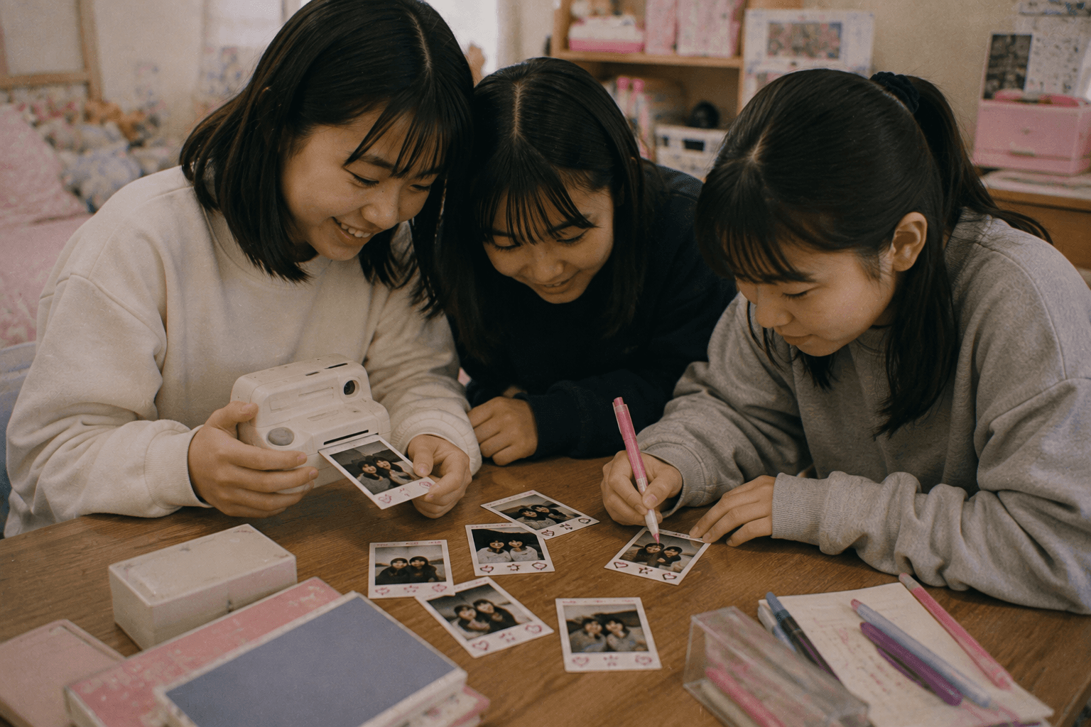 友達同士でカードサイズのインスタント写真を見せ合い、ペンで書き込んでいる情景のイメージ画像(特定のメーカー・ブランドの再現ではありません)