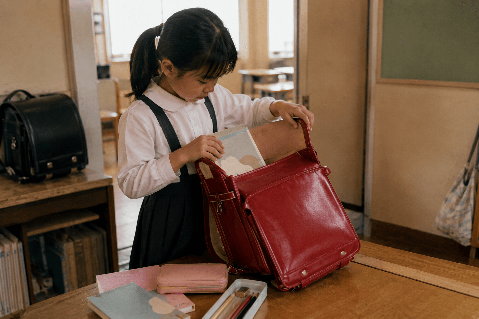 教室の机で、赤いランドセルに教科書を詰めている小学生の情景のイメージ画像(特定の商品・ブランドの再現ではありません)