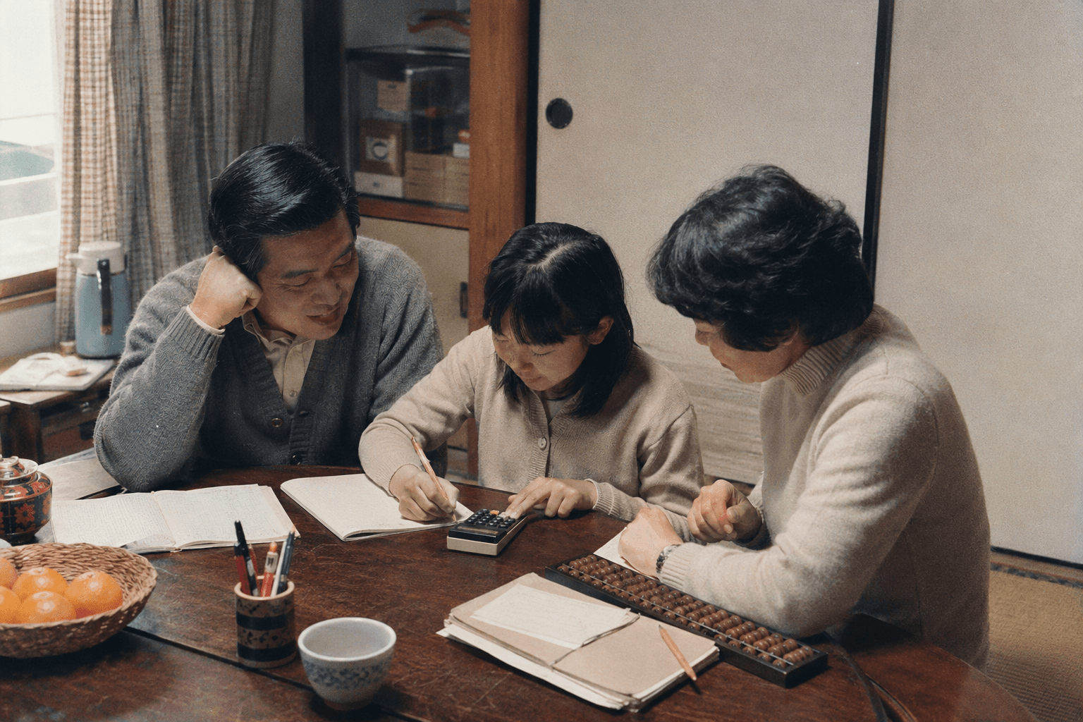 1970年代の日本の家庭の食卓で、家族が小型の電卓を囲んでいる情景のイメージ画像(特定のメーカー・機種の再現ではありません)