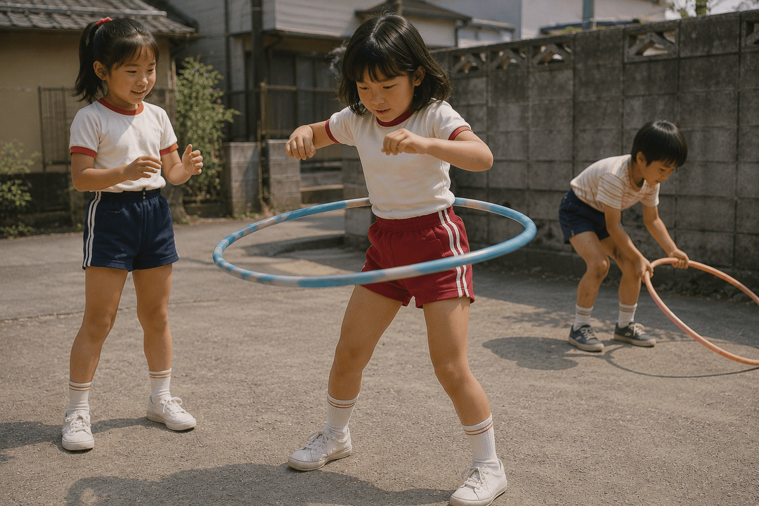 住宅街の空き地で、子どもたちがフラフープを回して遊んでいる情景のイメージ画像(特定の商品・ブランドの再現ではありません)
