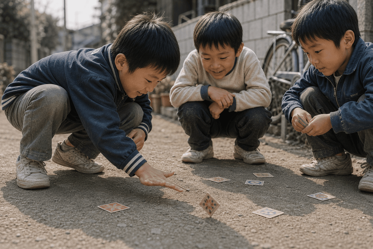 地面に打ちつけてメンコをひっくり返す瞬間のイメージ