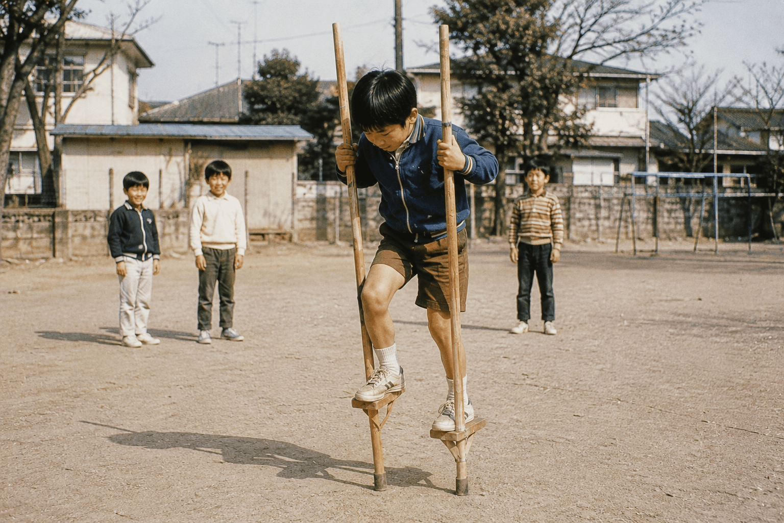 竹馬の足場に足を乗せてバランスを取る様子のイメージ