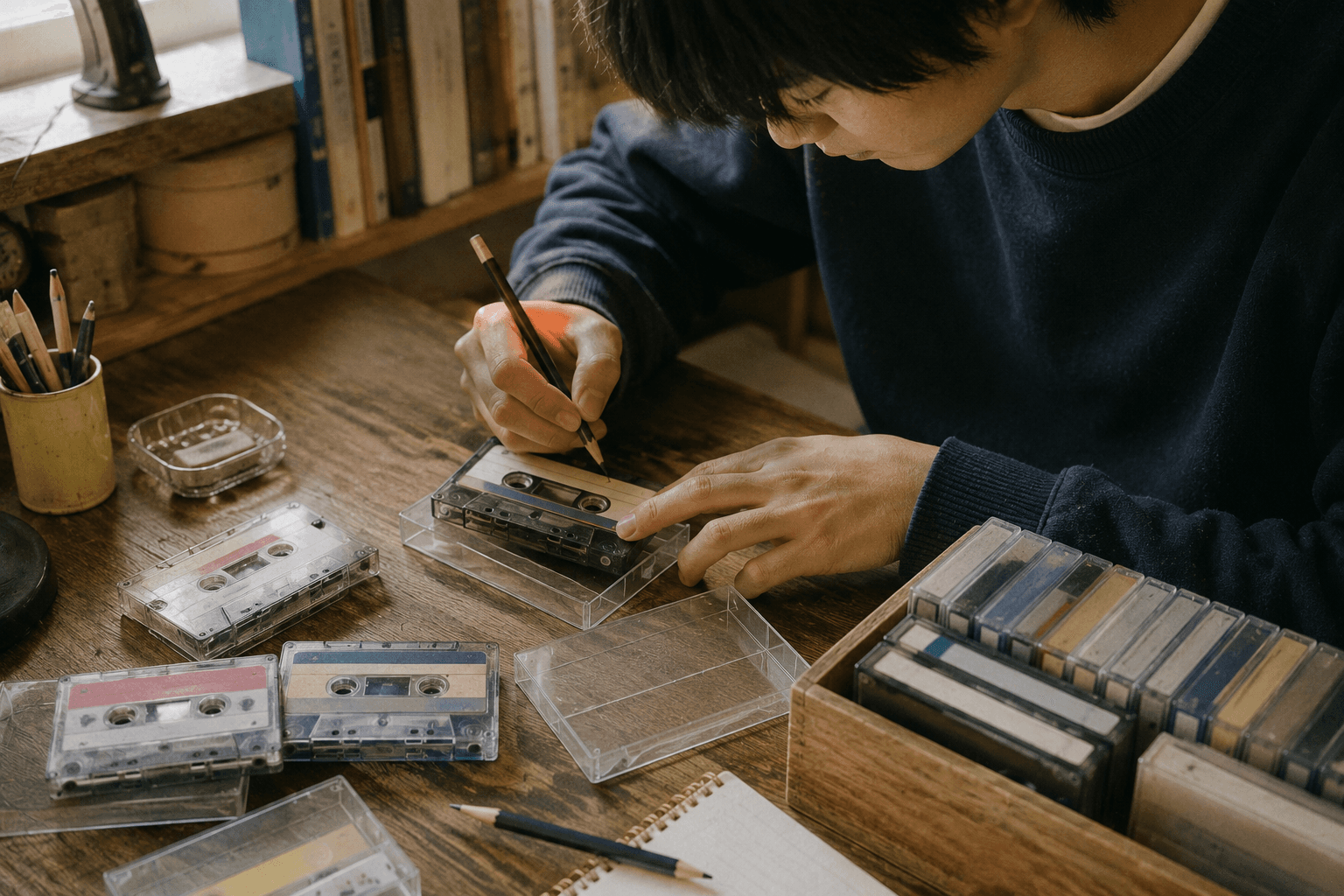 録音したカセットテープを整理する手元のイメージ