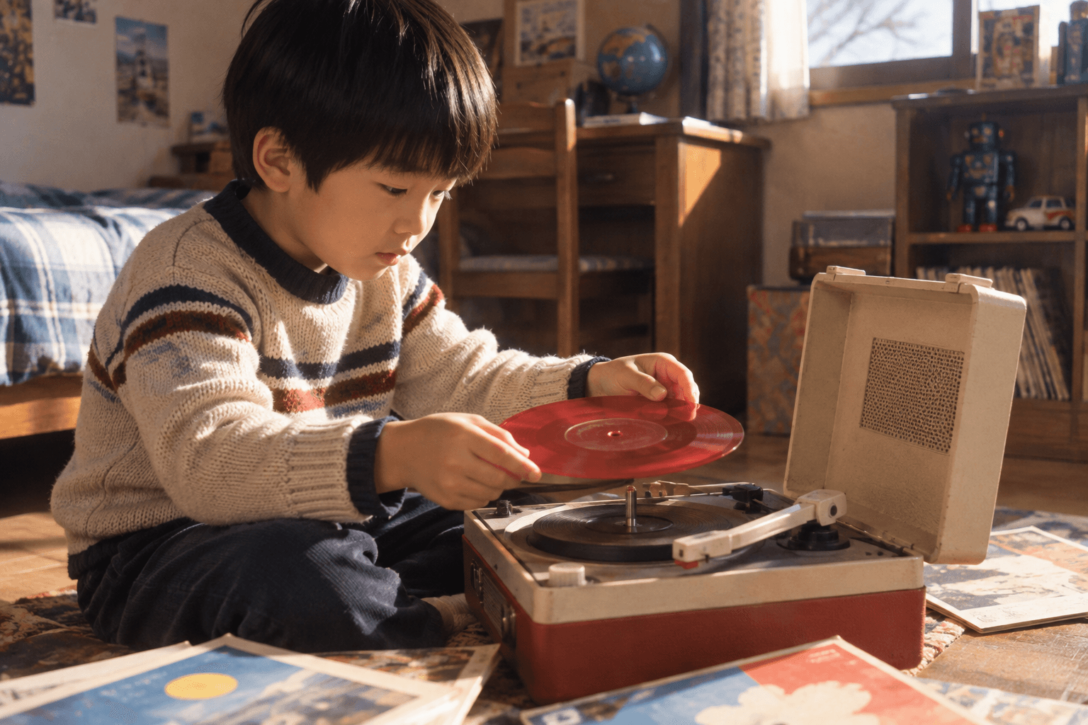 小さなプレーヤーでソノシートを再生する昭和の子ども部屋のイメージ