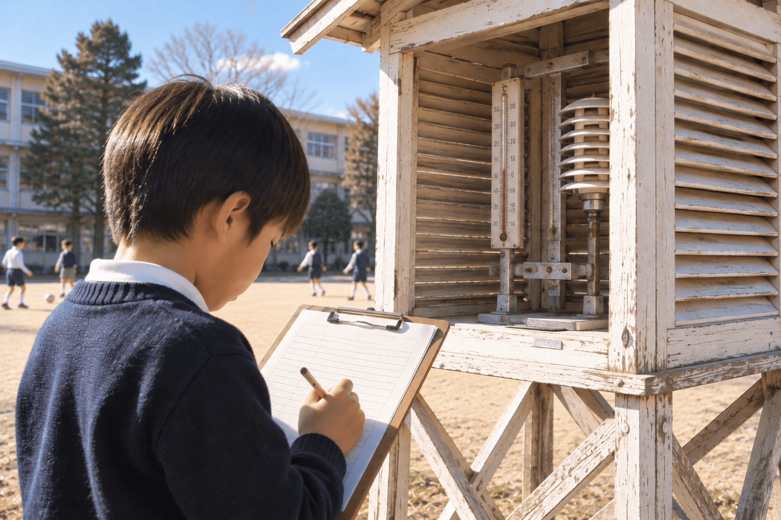 百葉箱の扉を開けて中の温度計を観察する子どものイメージ