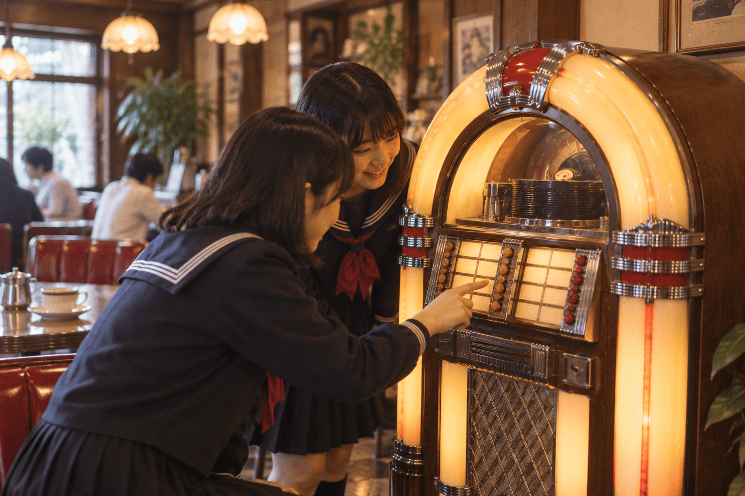 昭和の喫茶店でジュークボックスを覗き込む人物のイメージ